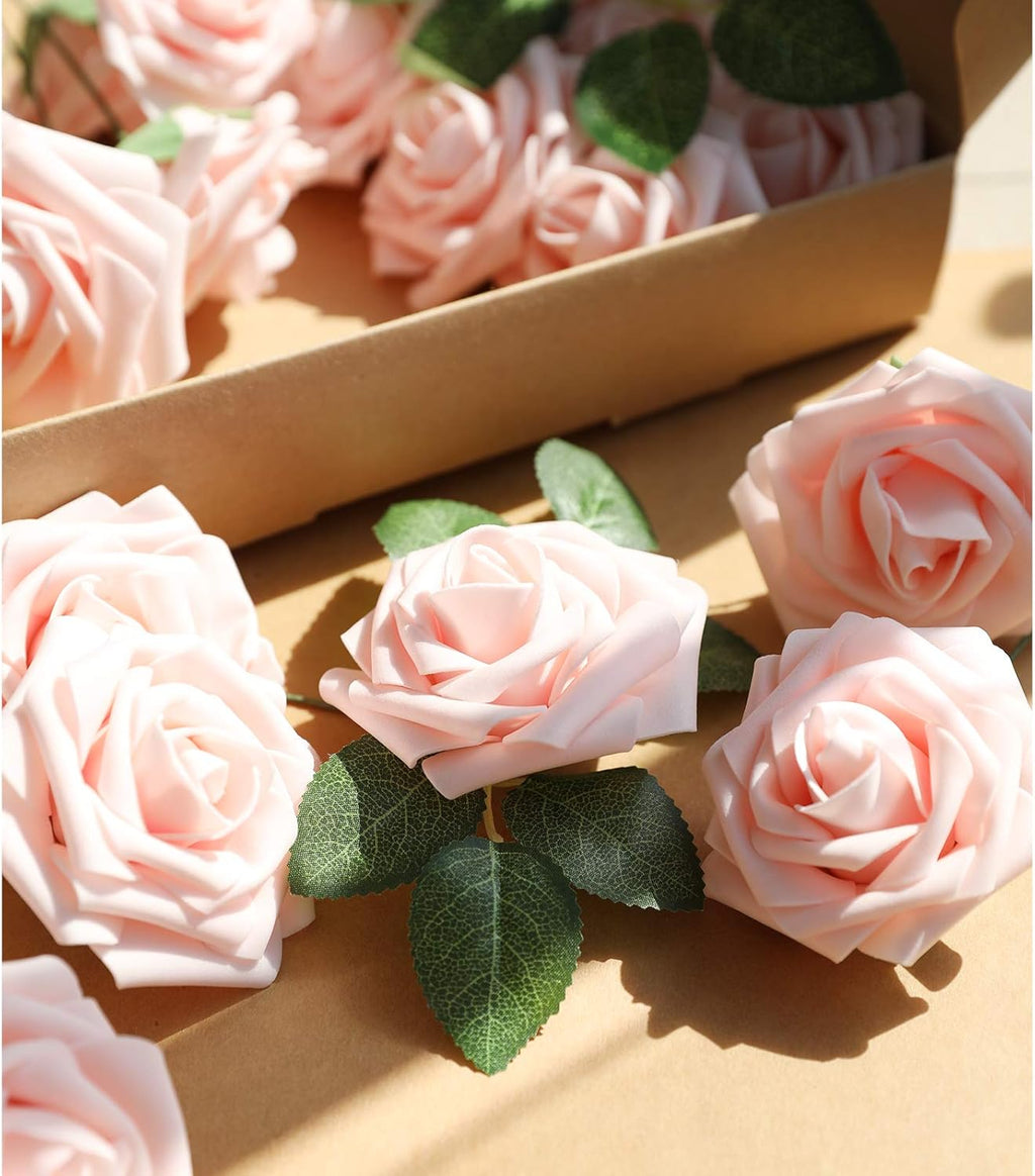 AmyHomie Artificial Flowers Blush Pink Rose 100pcs Real Looking Fake Roses w/Stem for DIY Wedding Bouquets Centerpieces Arrangements Party Baby Shower Valentines Day Christmas Tree Decorations