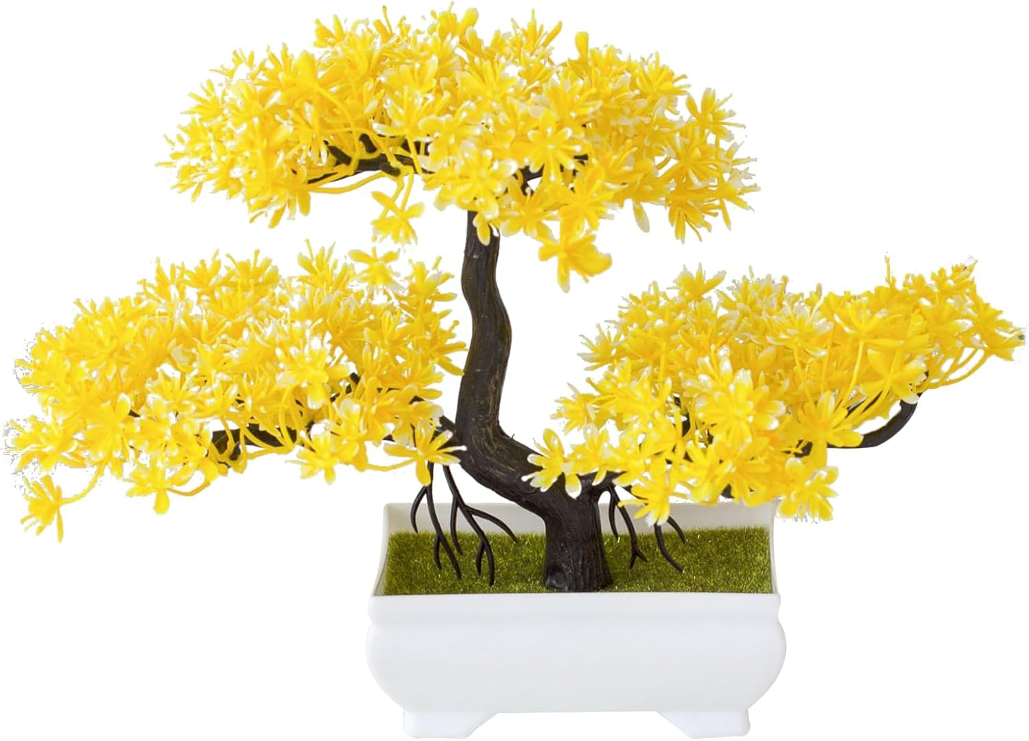 Mini Artificial Bonsai Tree Plants with Plastic Cement Pots for Home Office Décor(Yellow)