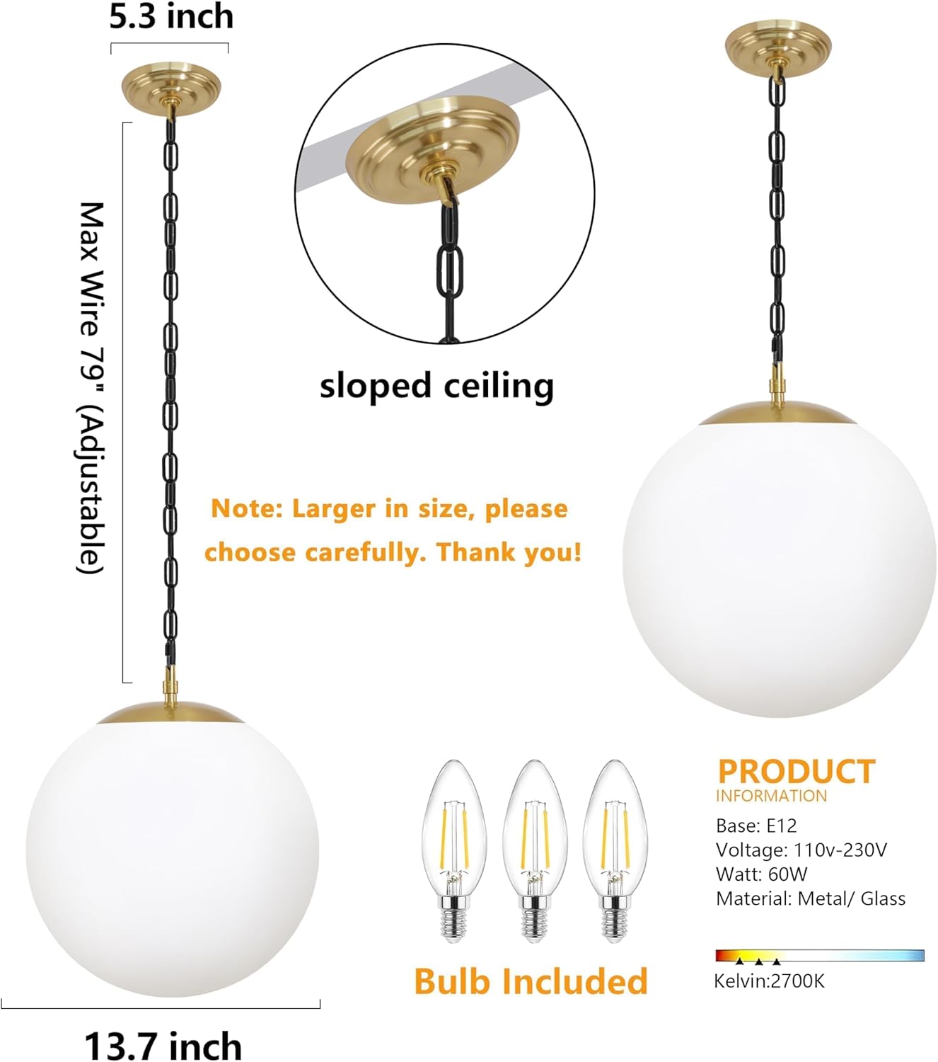 KoKo&Yukina 13.7" Gold Globe Pendant Light Mid Century Pendant Light Milk Glass Pendant Lights Kitchen Island Adjustable Hanging Light Fixture for Dining Room Bedroom Kitchen Islan