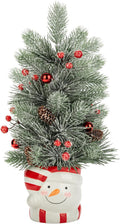 Small Christmas Tree Snowman Potted Plants with Vase 16.5" Artificial Tabletop Mini Xmas Tree Decorations Pine Needles Plant with Christmas Ball Ornaments Berries Pine Cones Home Party Christmas Decor