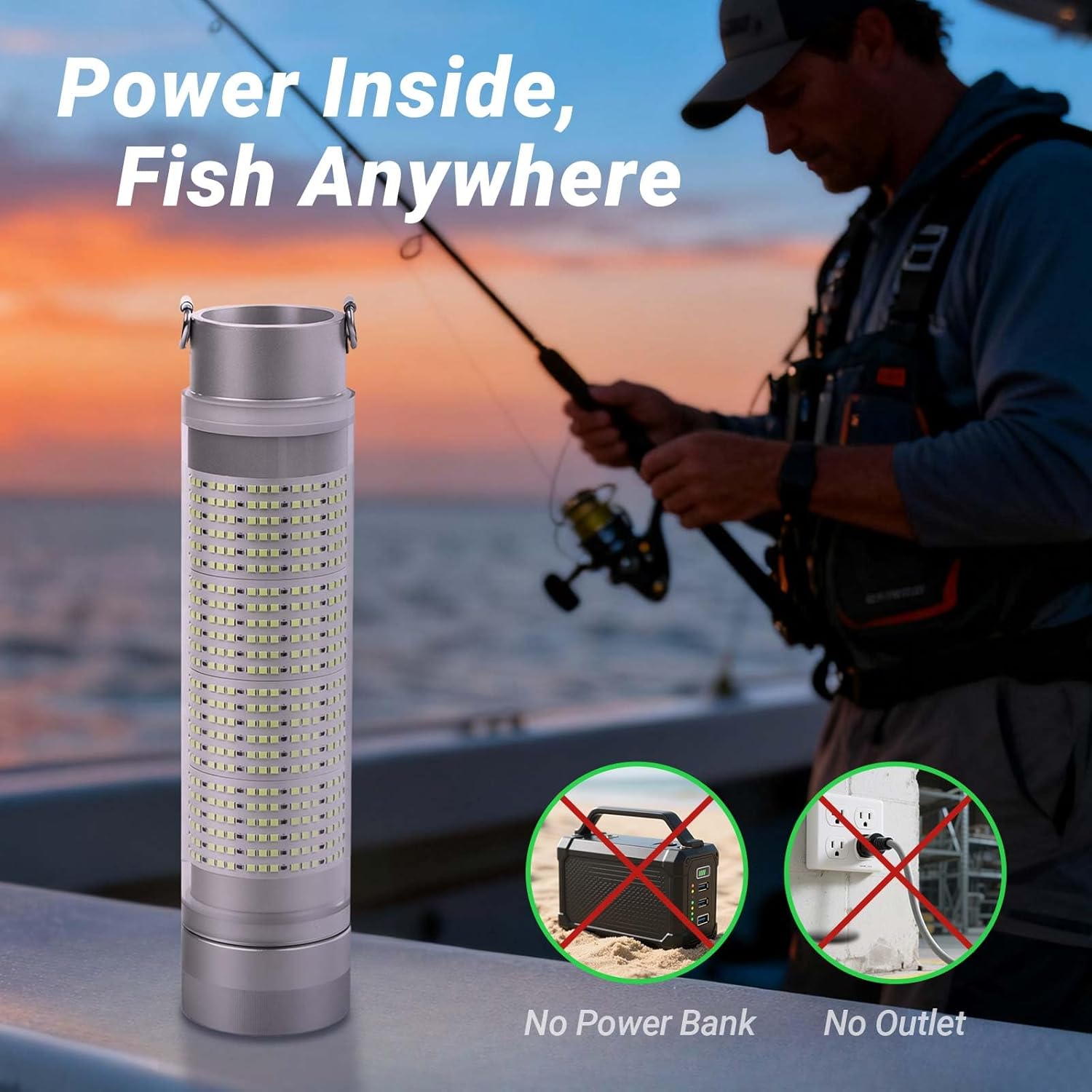 Rechargeable Underwater Fishing Light, Built-in Battery & Cordless, Remote Dimmable, Auto-On in Water, IP68 Waterproof, Multi-Color, Suitable for Boat, Dock, Freshwater, and Saltwater