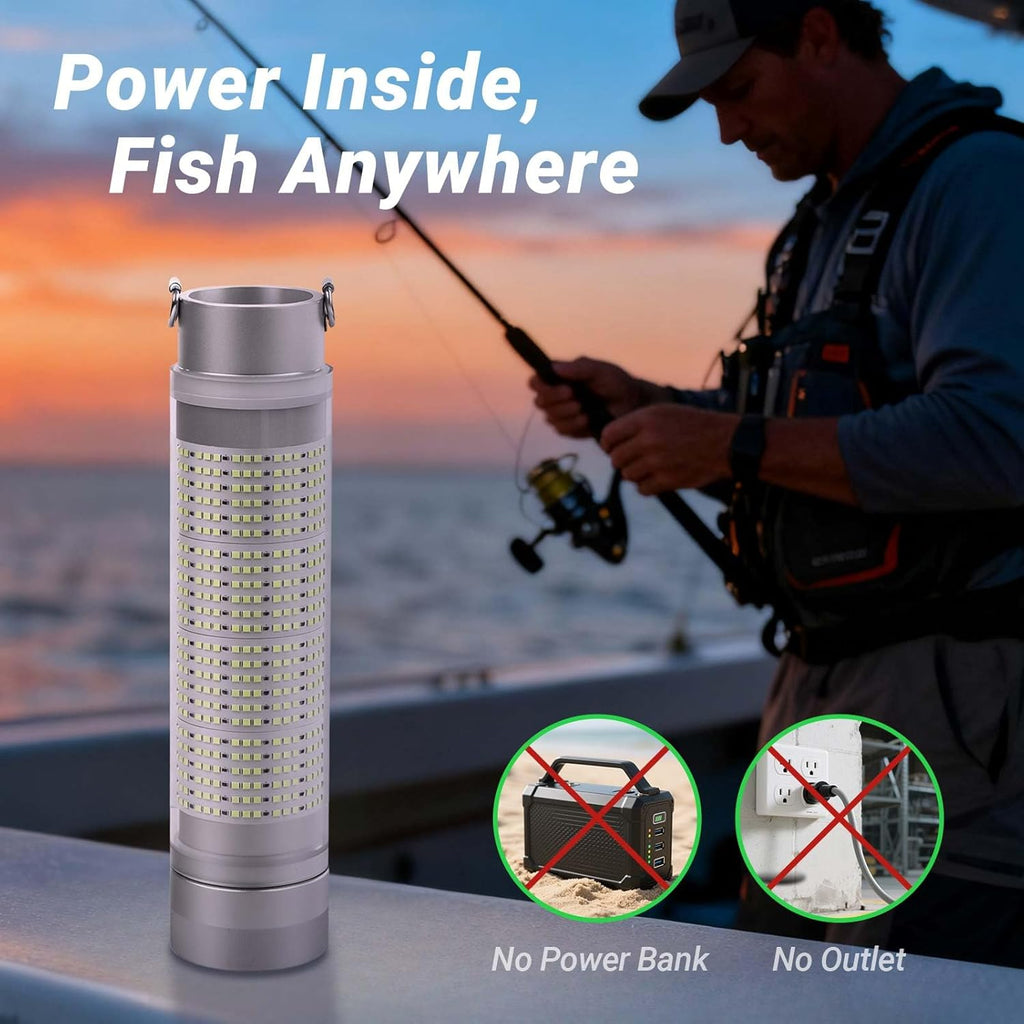 Rechargeable Underwater Fishing Light, Built-in Battery & Cordless, Remote Dimmable, Auto-On in Water, IP68 Waterproof, Multi-Color, Suitable for Boat, Dock, Freshwater, and Saltwater