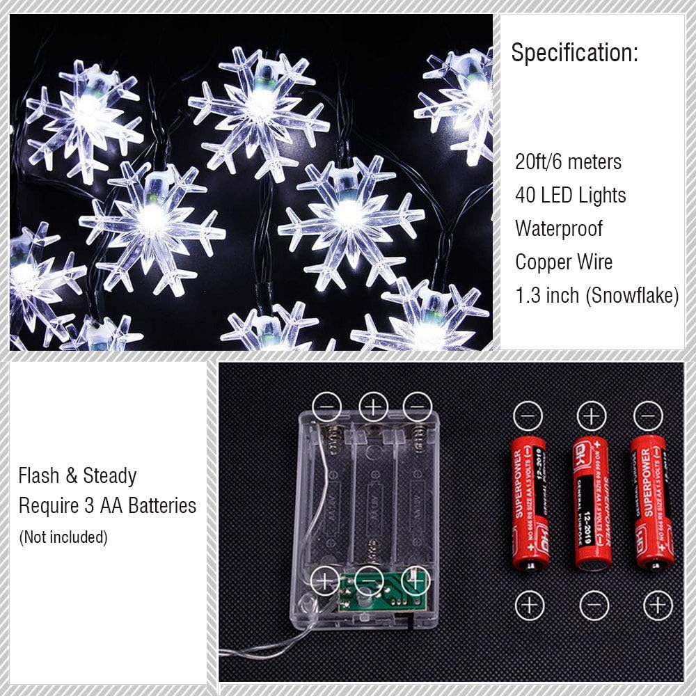 WesGen Christmas Lights，Snowflake String Lights Battery Operated Waterproof 20ft, 40 LED Fairy Lights for Xmas Garden Patio Bedroom Party Decor Christmas Decorations, White