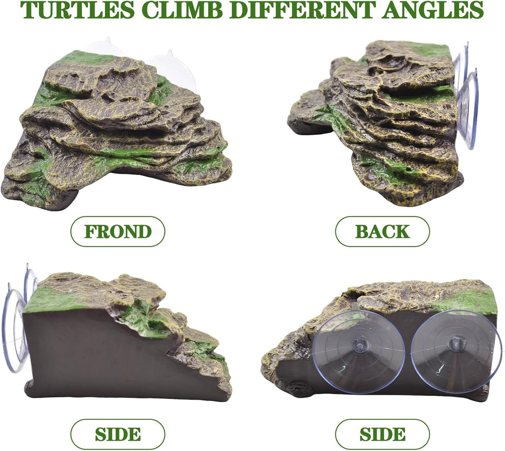 PINVNBY Resin Turtle Basking Platform with 2 Pcs Suction Cups,Floating Dock for Turtles,Tortoise Climbing Ramp Shale - Ideal for Aquatic Turtles,Stable & Durable,Easy to Install(Green Brown L)