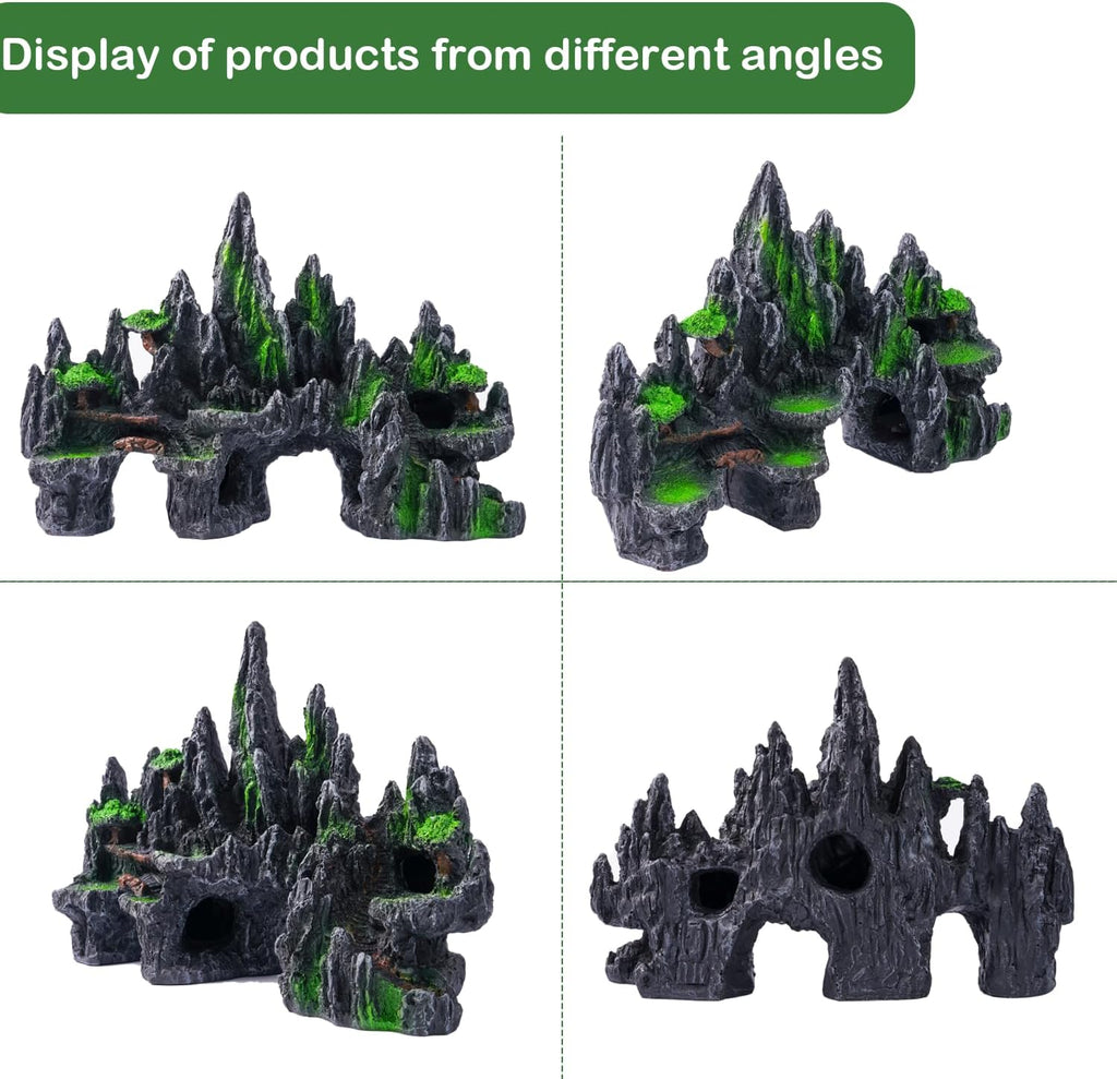 Large Fish Tank Decorations - Mountain View Aquarium Ornament with Tree House Cave Bridge,Large