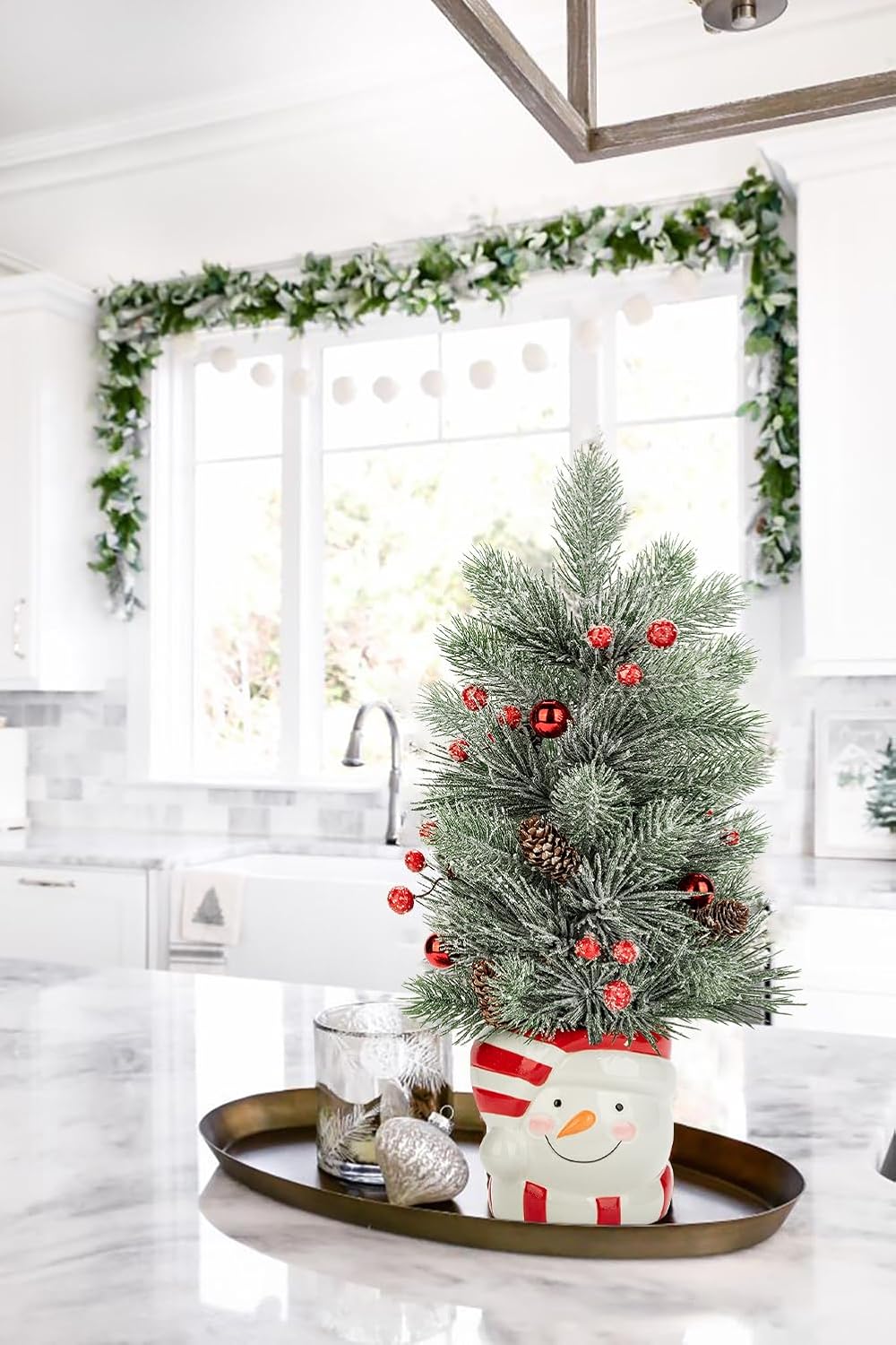 Small Christmas Tree Snowman Potted Plants with Vase 16.5" Artificial Tabletop Mini Xmas Tree Decorations Pine Needles Plant with Christmas Ball Ornaments Berries Pine Cones Home Party Christmas Decor