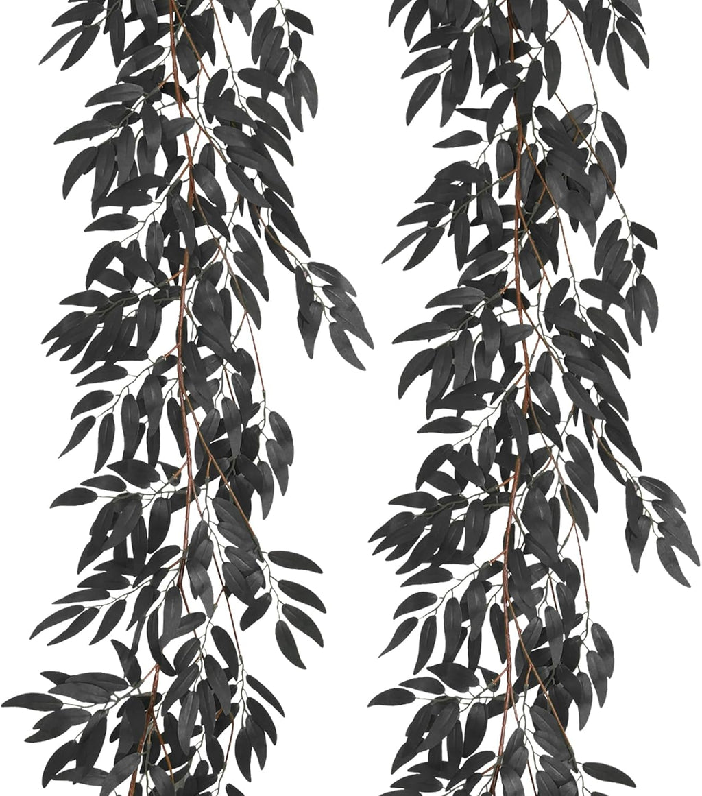 RECUTMS Artificial Hanging Willow Leaves Vine Twigs 2Pcs 5.7Ft Halloween Black Leave Garland Fake Silk Willow leaf Ivy Faux Greenery Plant for Indoor Outdoor Jungle Birthday Fall Christmas Party Decor