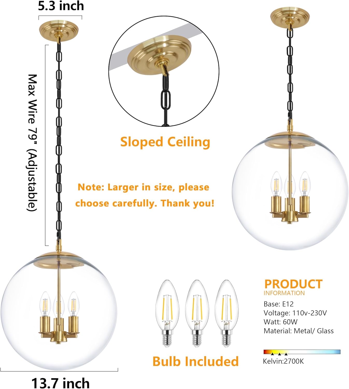 KoKo&Yukina 13.7" Gold Globe Pendant Light Mid Century Pendant Light Clear Glass Pendant Lights Kitchen Island Adjustable Hanging Light Fixture for Dining Room Bedroom Kitchen Island