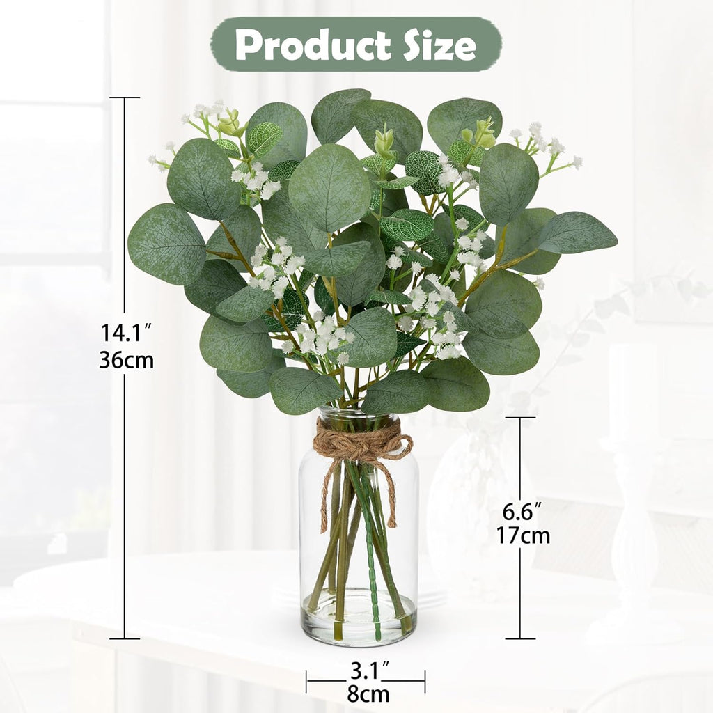 Briful Artificial Eucalyptus Stems with Baby Breath Flowers in Glass Vase with Faux Water, 14" Fake Plant Eucalyptus Leaves for Home Farmhouse Wedding Centerpiece Bathroom Décor
