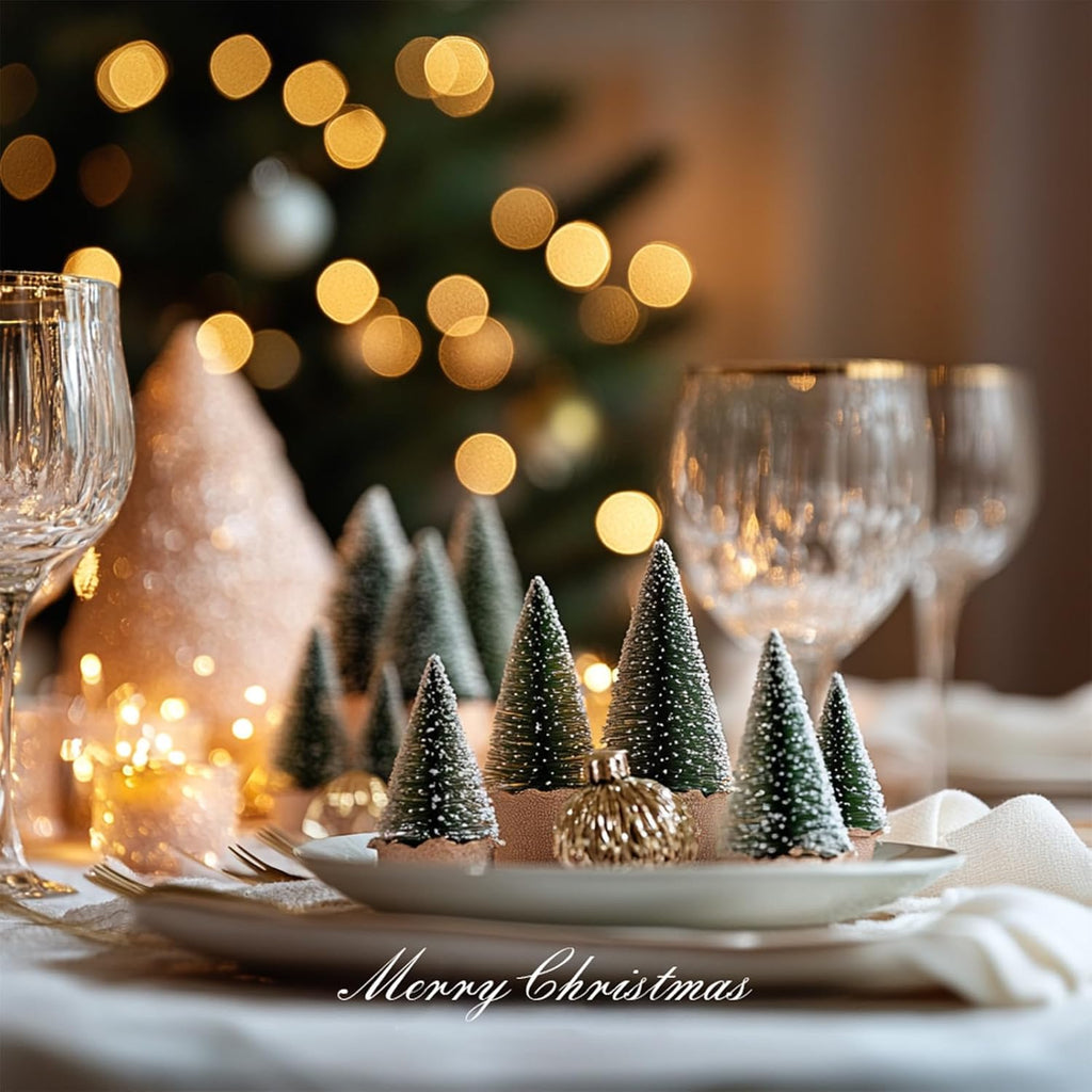 10pcs 4inch Mini Christmas Tree Bottle Brush Trees Chrismas Village Trees Ornaments Snow Mini Plastic Christmas Trees with Wooden Base for Christmas Decoration Miniature Chrismas Tree