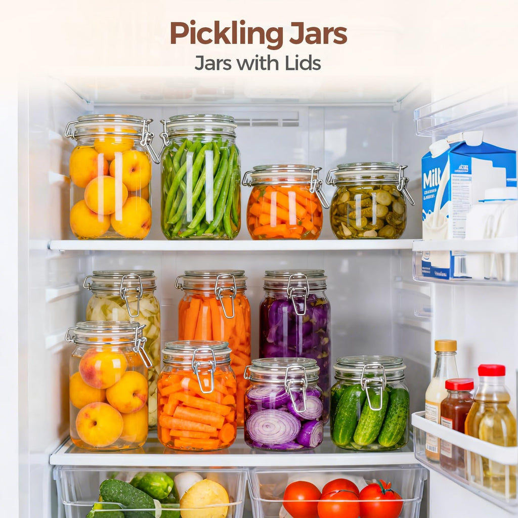 ComSaf 27oz Airtight Glass Canisters with Lids Set of 6, Square Food Storage Jar Container with Clamp Lids for Kitchen Canning Cereal Coffee Pasta Sugar Beans Spice, Clear Mason Jars with 12 Labels