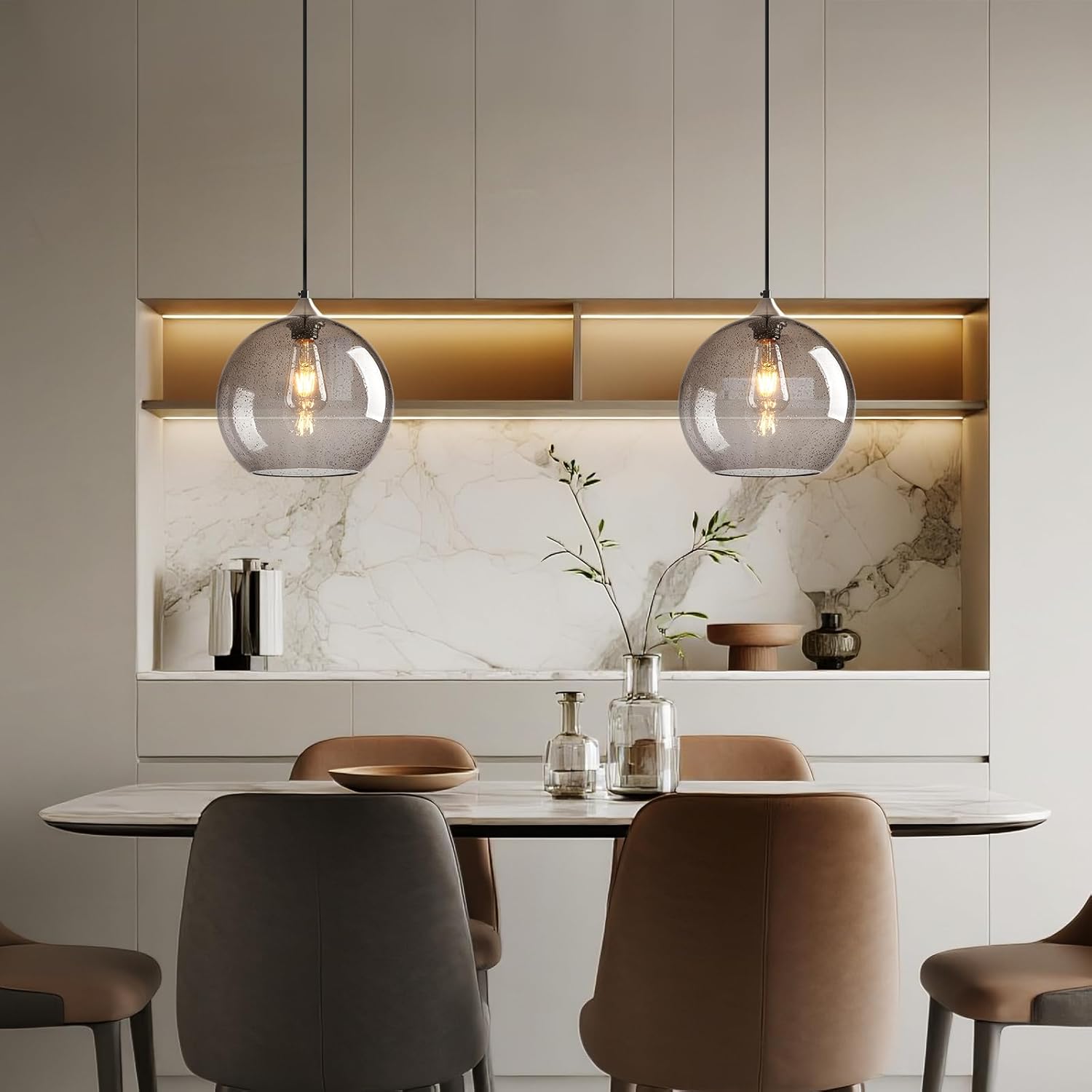 Light Grey Glass Pendant Lights Kitchen Island Globe Pendant Light Fixtures Modern Pendant Lighting for Bedroom Living Dining Room Light Fixture (9.84 in, 3 Pack)
