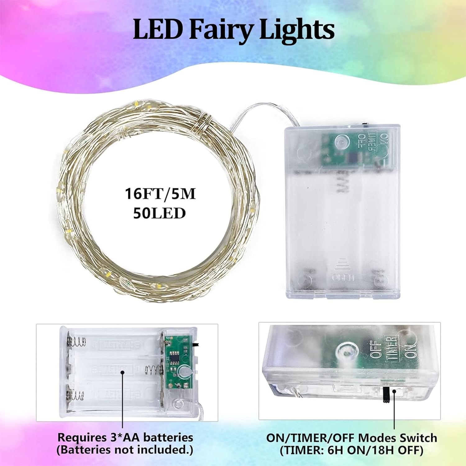 4-Pack 50 LED Fairy Lights Battery Operated with Timer, 16FT Waterproof Starry String Lights Outdoor Indoor Mini Cuttable Lights for Bedroom Wedding Birthday Christmas Parties (Warm White&Multi Color)