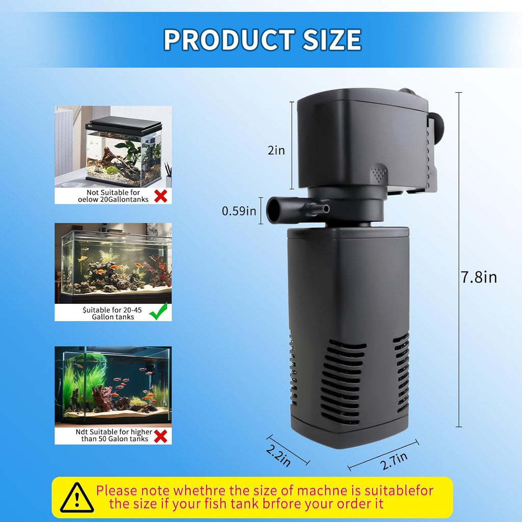 Fish Tank Filter for 15-40 Gallon Tank, 160 GPH Crystal Clear Powerful Internal Aquarium Filters Submersible Pump& Filter System for Fish Tank & Turtle Tank