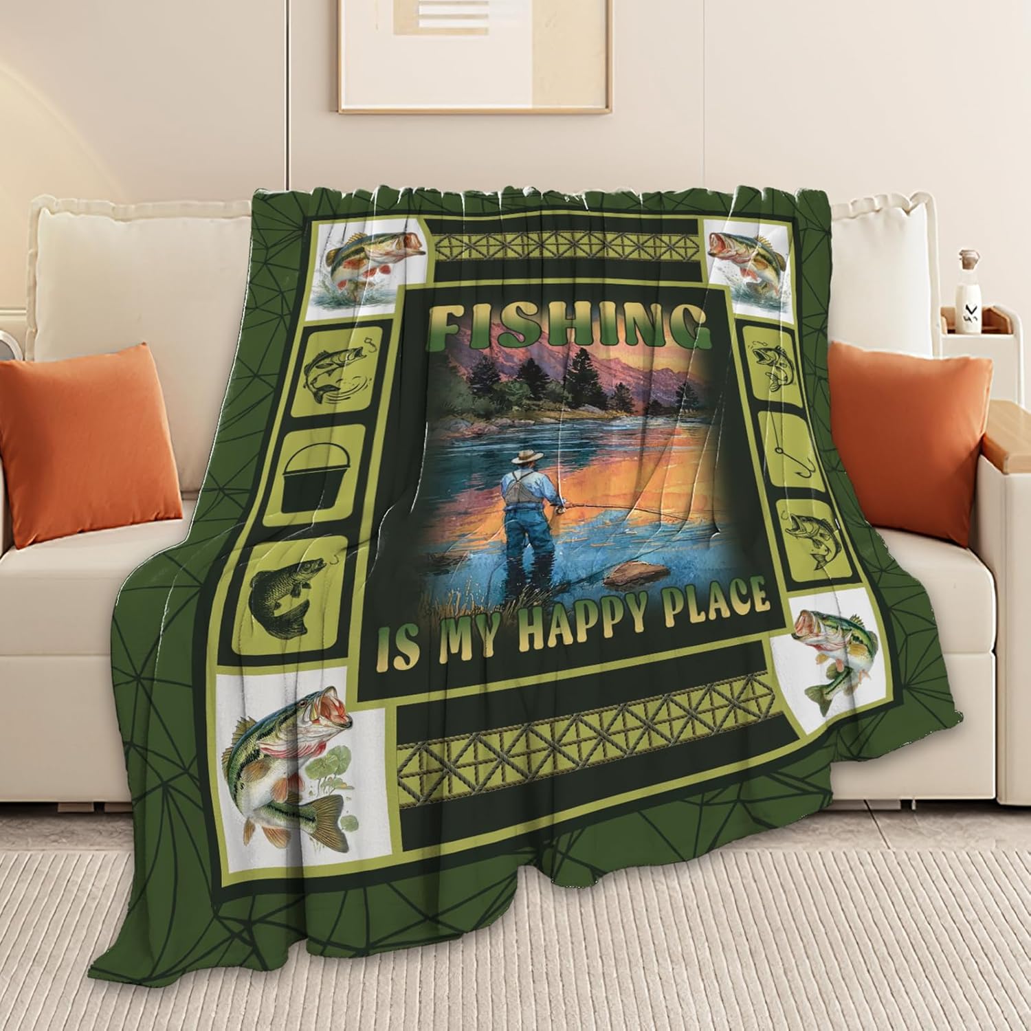 Fish Throw Blanket Fishing Stuff Gifts for Kids Girls Boys Adults Women Men Soft Cozy Warm Plush Fluffy Fuzzy Fleece Blanket Decor 50''X60''