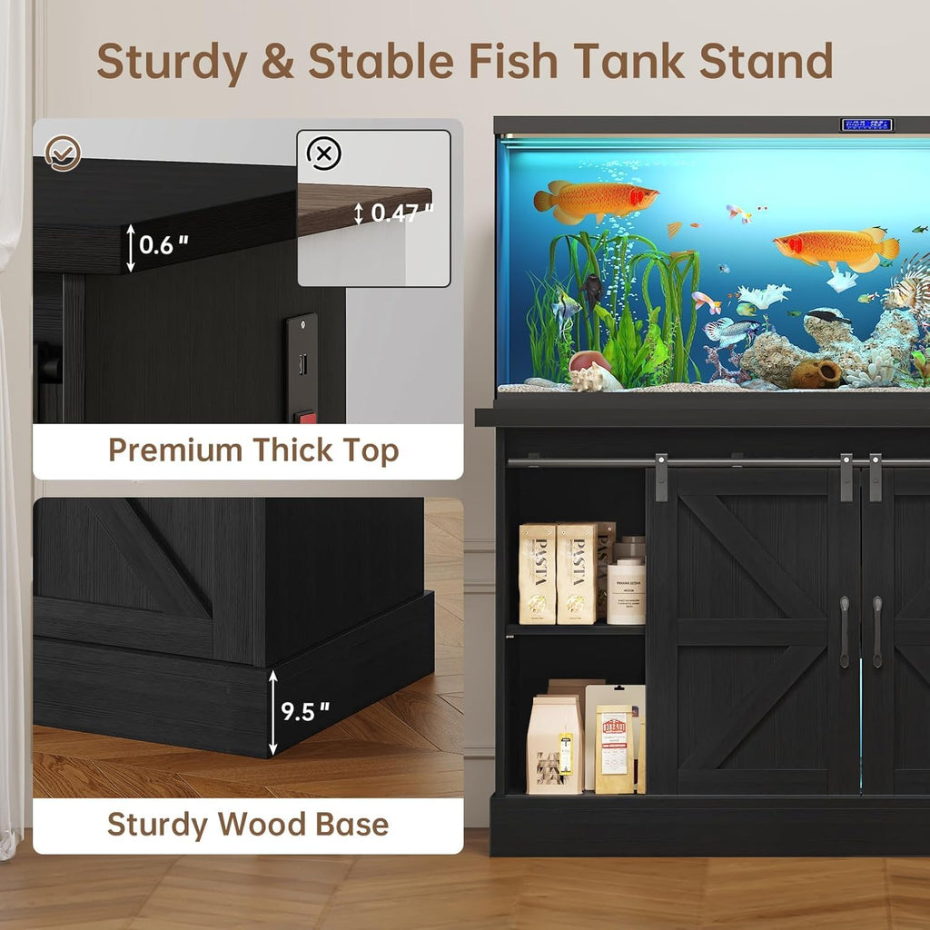55-75 Gallon Fish Tank Stand with Sliding Barn Doors & Power Outlet, Heavy Duty Aquarium Stand with Cabinet Storage for Fish Tank, Turtle Tank, Reptile Terrarium, 1000LBS Capacity