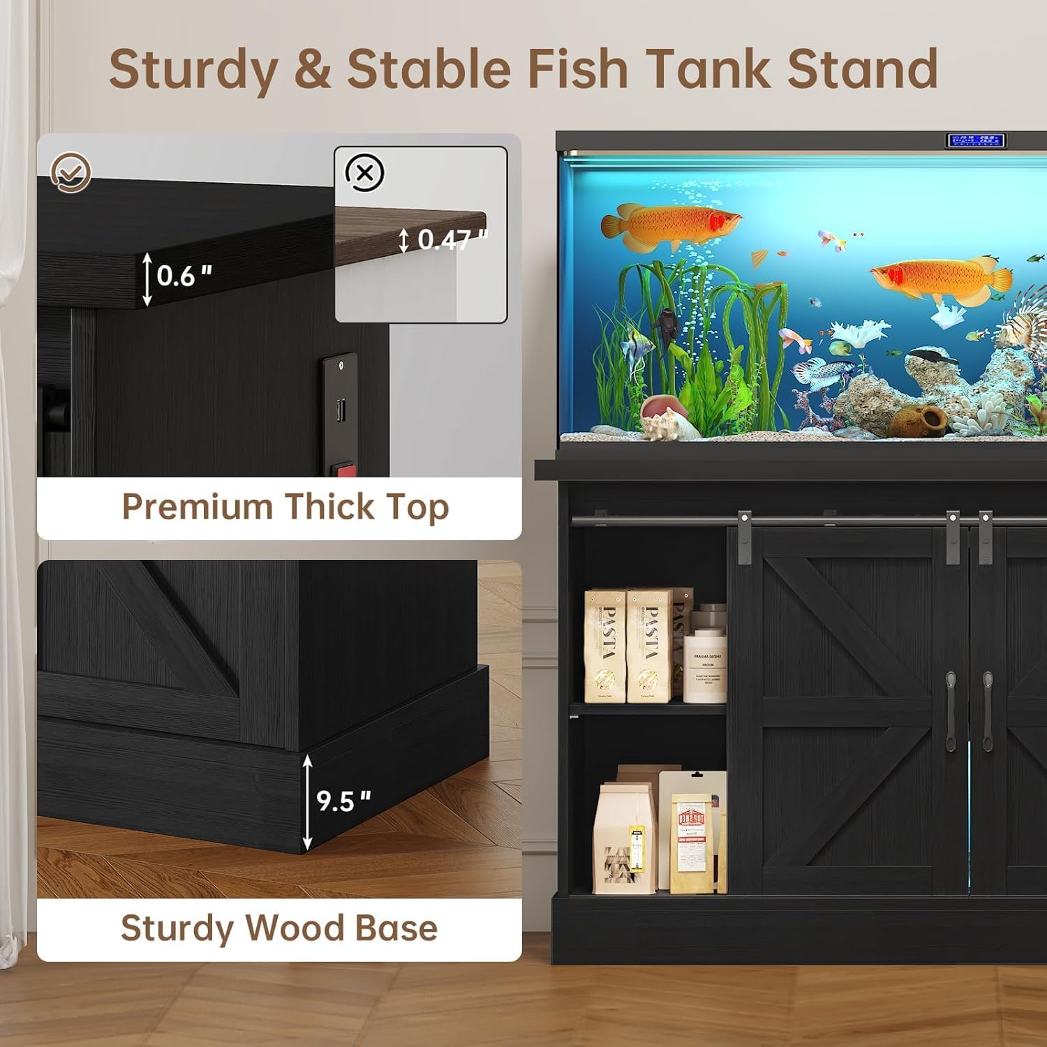55-75 Gallon Fish Tank Stand with Sliding Barn Doors & Power Outlet, Heavy Duty Aquarium Stand with Cabinet Storage for Fish Tank, Turtle Tank, Reptile Terrarium, 1000LBS Capacity