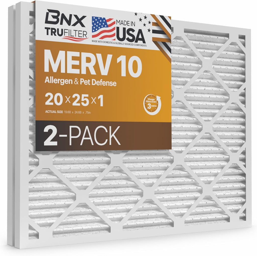 BNX TruFilter 20x25x1 MERV 10 (2-Pack) AC Furnace Air Filter - MADE IN USA - Pleated Air Conditioner HVAC AC Furnace Filters - Removes Odor, Mold, Bacteria, Smoke