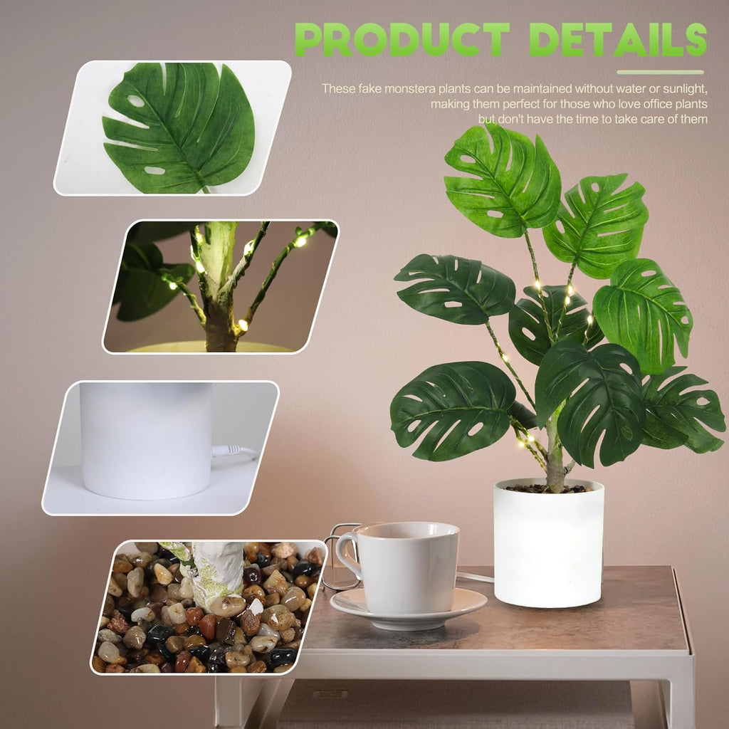 RECUTMS Fake Plants Tall 18In with Light Artificial Monstera Plant Potted Tropical Palm Tree in White Pot Faux Potted Greenery for Indoor Home Office Table Living Room Balcony Porch Outdoor Decor