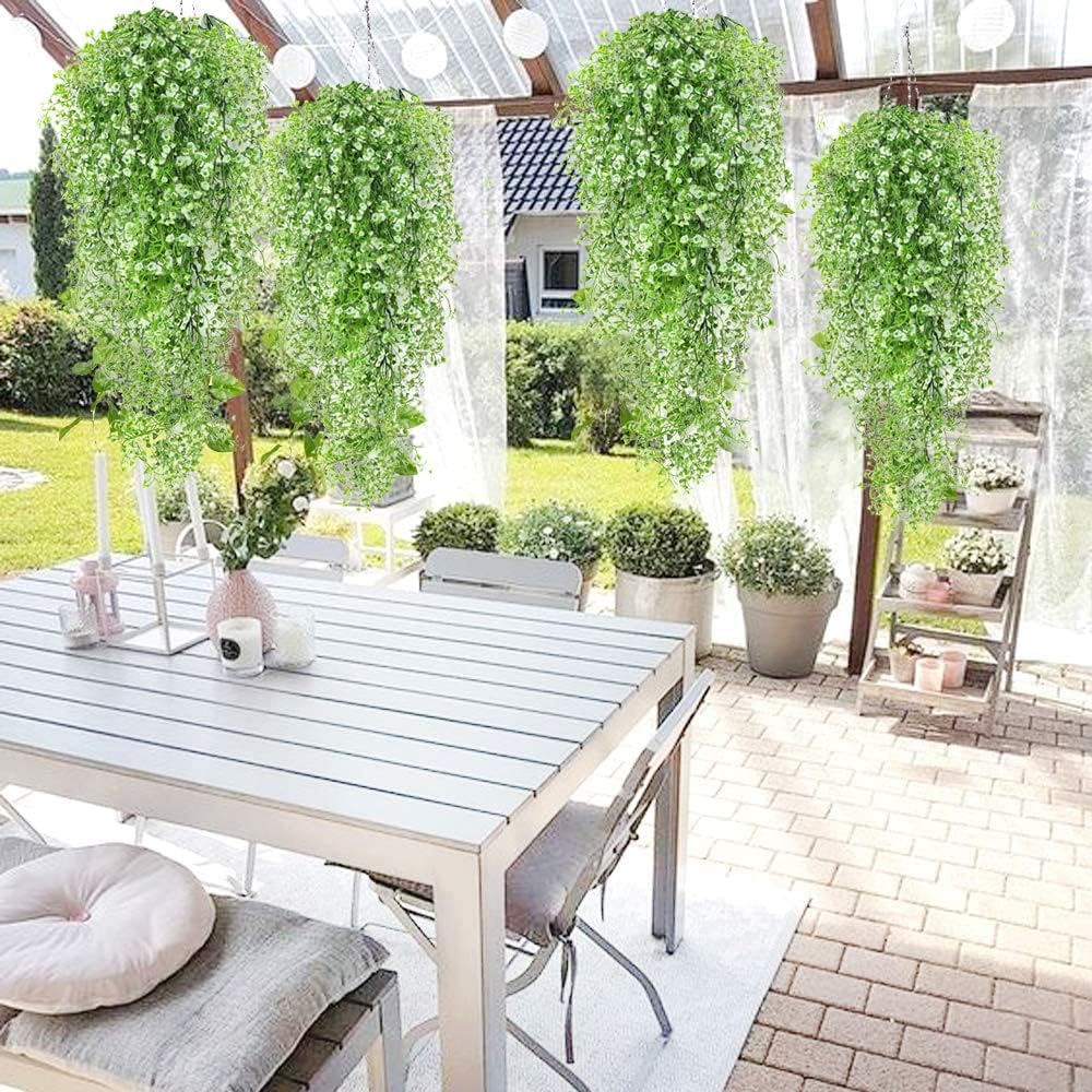 RECUTMS 4 pcs Faux Vines Hanging Flowers Artificial Decor Fake Hanging Plants Artificial Hanging Plants Indoor and Outdoor Garden Hanging Plants Decoration（White）