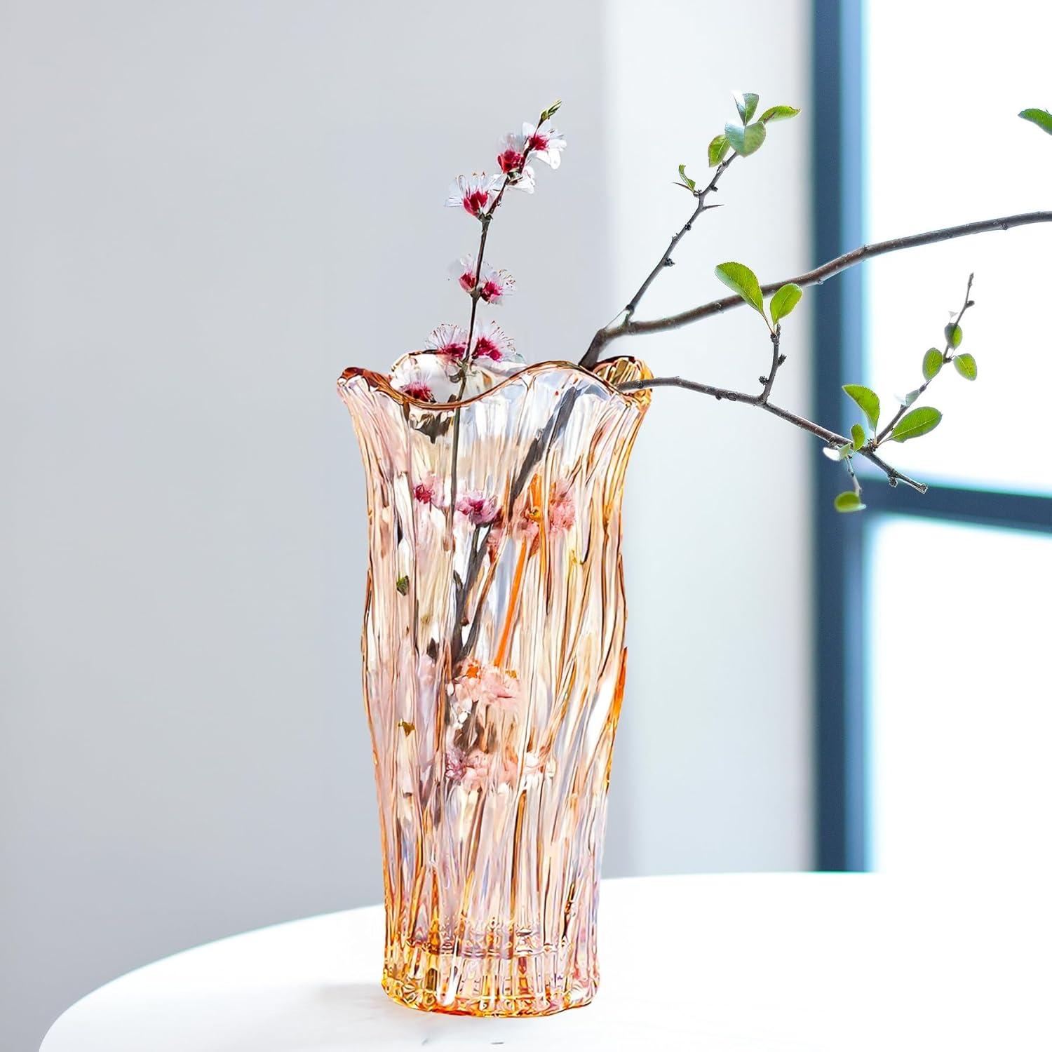 Glass Vase for Flowers, Gold Amber Clear Glass Vases for Centerpieces, Crystal Vase for Home Table Flower Decor 9.1 inches Tall