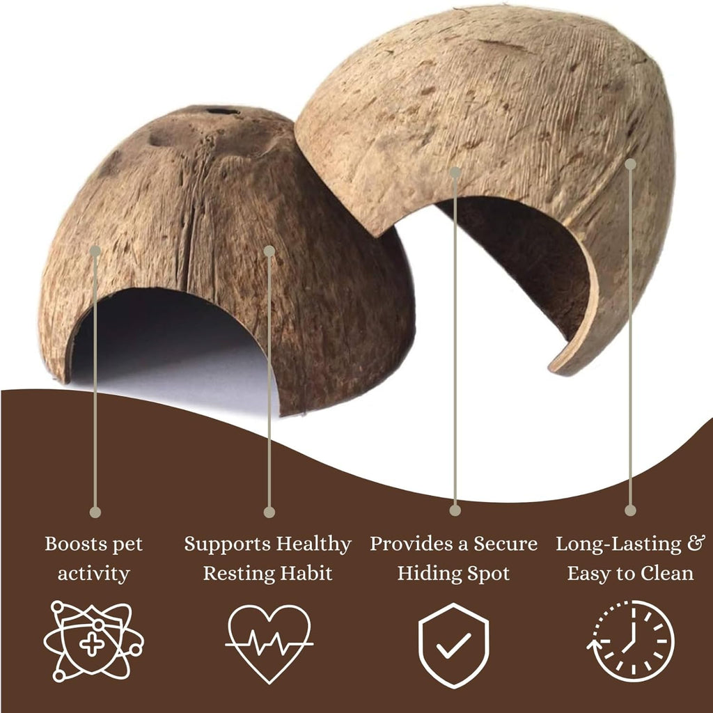 Natural Coconut Shell Hideout Cave, 5" Aquarium Fish & Reptile Hide Cave, Leopard Gecko Tank Accessories, Crested Geckos, Hermit Crabs, Spider, Snails & Small Lizards Climbing Toy & Decor