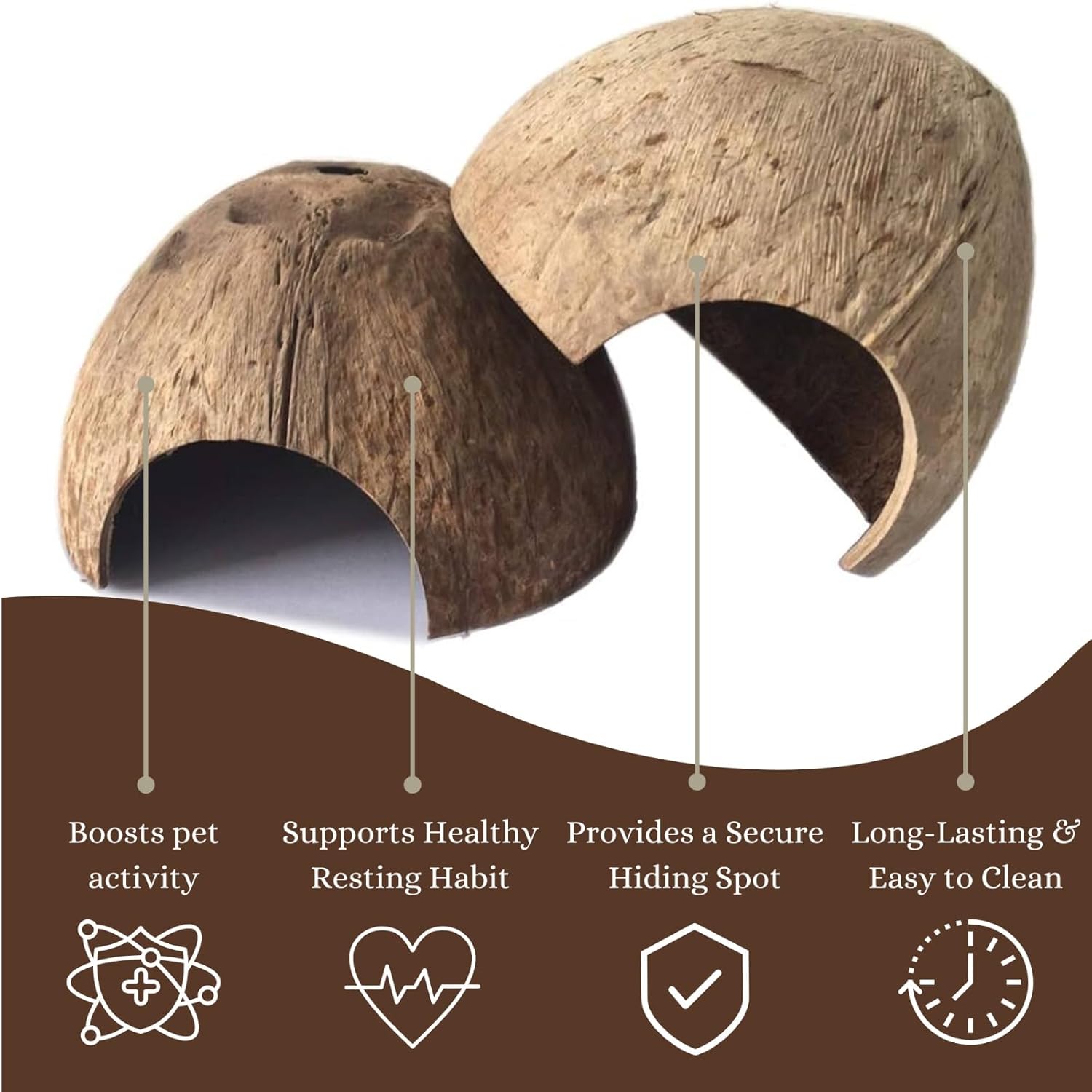 Natural Coconut Shell Hideout Cave, 5" Aquarium Fish & Reptile Hide Cave, Leopard Gecko Tank Accessories, Crested Geckos, Hermit Crabs, Spider, Snails & Small Lizards Climbing Toy & Decor