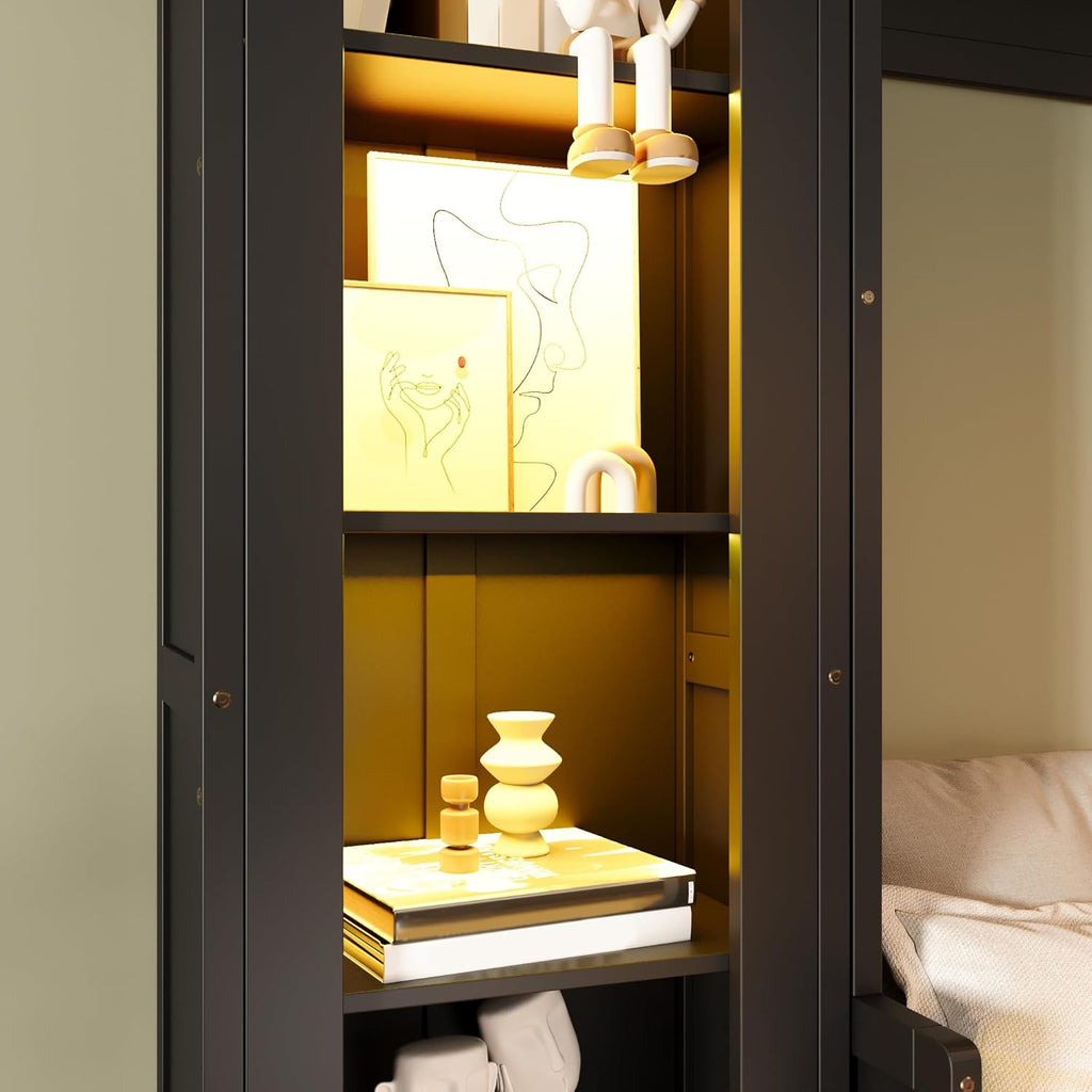 MERITLINE Queen Murphy Bed with Desk and Storage & LED Light, Solid Wood Hideaway Murphy Wall Bed with Storage Bookcase Shelves and Drawers for Adults (Black,Queen)
