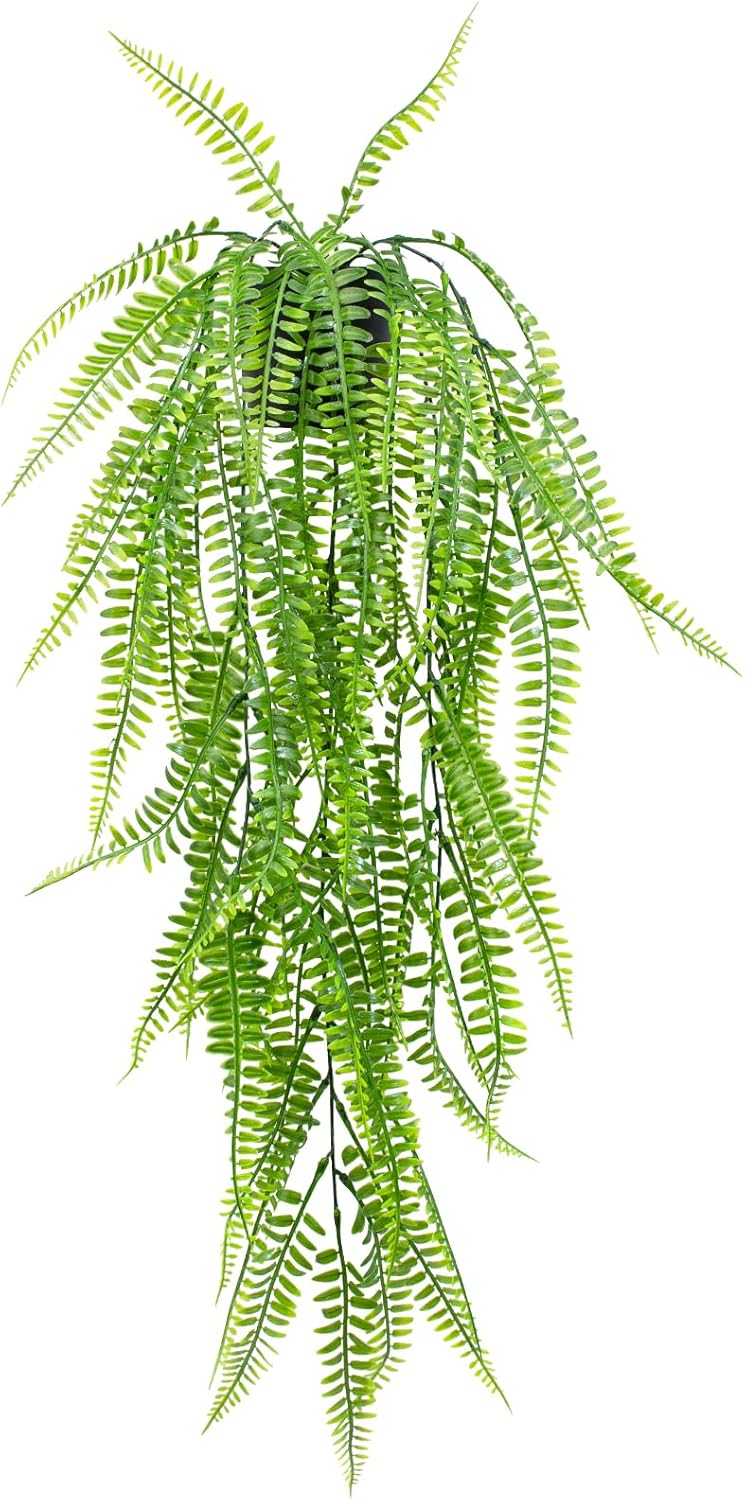 Fake Hanging Plant with Pot, Artificial Potted Fern Plant, 28.7-In Long Faux ivy Vine for Shelf Home Office Indoor Outdoor Garden Greenery Decor (Black Pot)