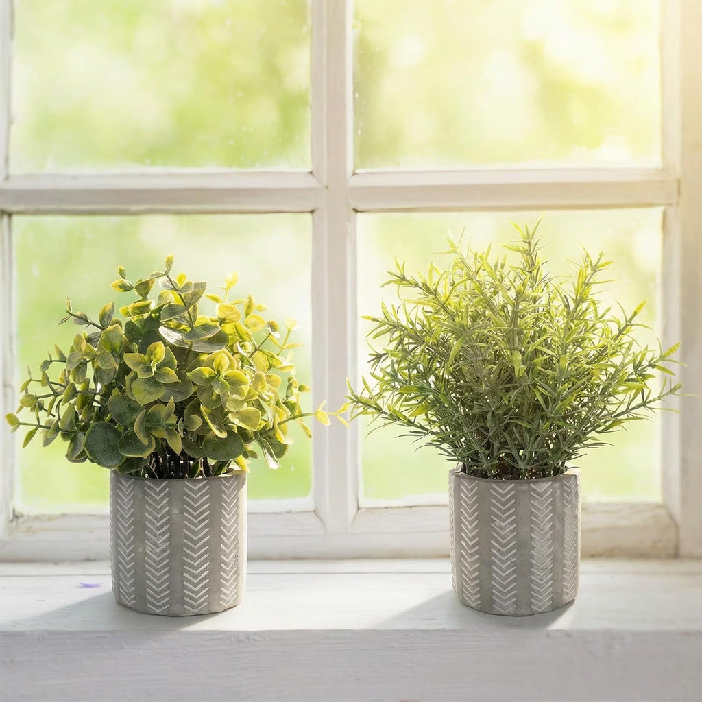 Small Fake Plants in Geometry Concrete Pots Farmhouse Bathroom Decor Rustic Centerpieces for Table Decoration Shelves Faux Eucalyptus Set of 3