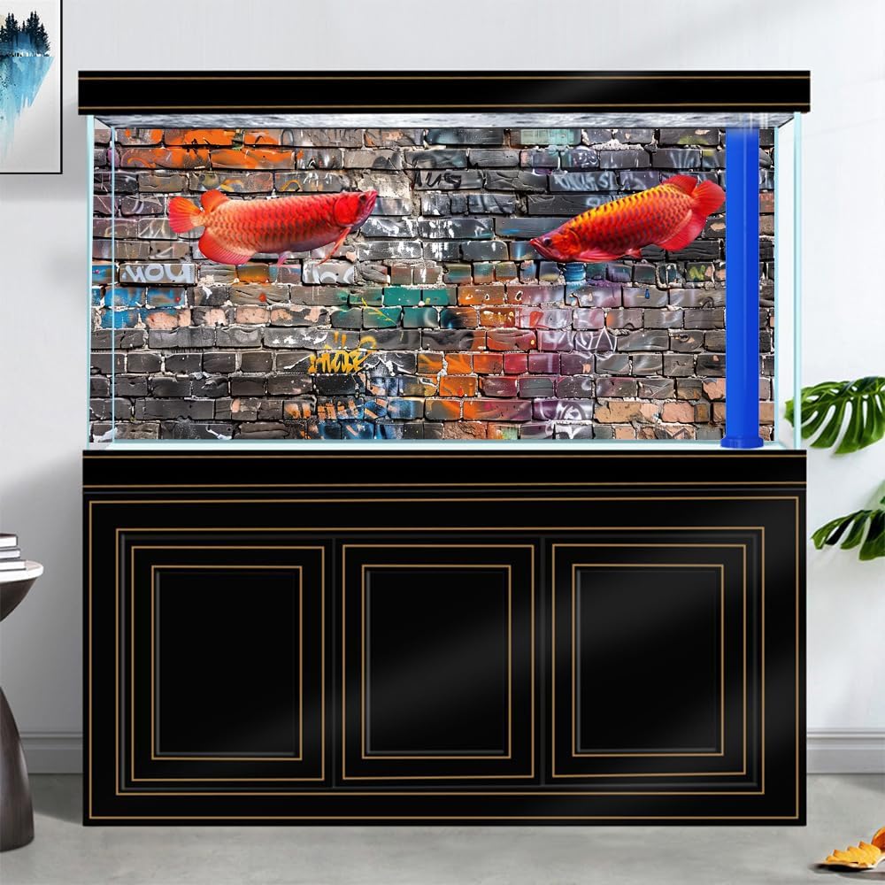 Graffiti Brick Wall Aquarium Background, Art Graffiti Theme Brick Wall Fish Tank Background, Cool Brick Wall Terrarium Background 36X20IN with 8 EVA Double-Sided Tape