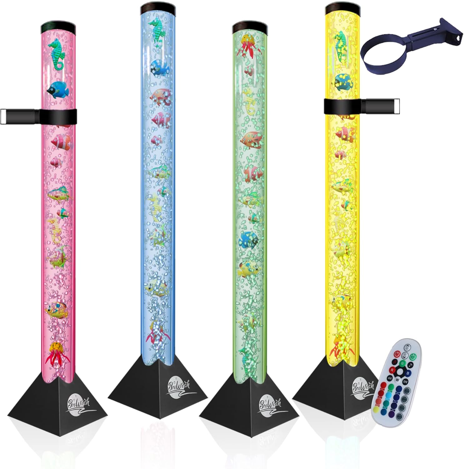 Brewish 4FT Bubble Tube Lamp with Replaceable Pump | 16 LED Color Changing Fake Aquarium Night Light with Remote & 12 Fish, No-Glue Design, Home Decor, Ideal Gifts, Sensory Lights for Autism & ADHD