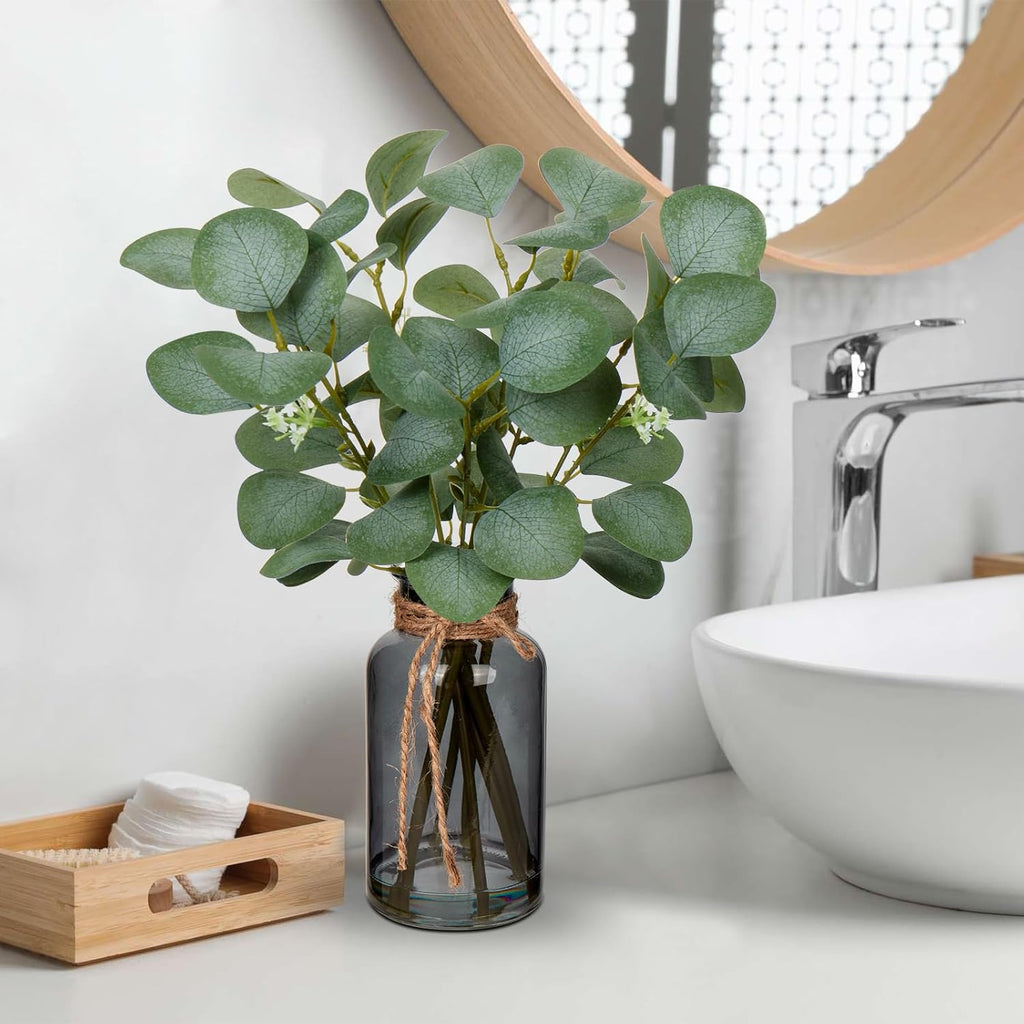 Briful Artificial Eucalyptus Stems in Black Glass Vase with Faux Water, 14" Fake Plant Eucalyptus Leaves for Home Office Farmhouse Wedding Centerpiece Décor, 2 Packs