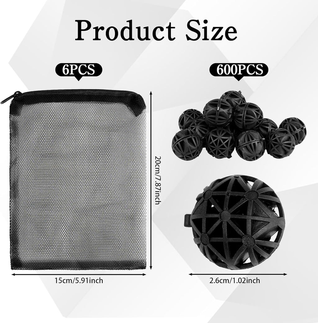 600 Pcs Bio Filter Balls with 6 Pieces Filter Media Bags Mesh Bags with Zipper 1.02 Inch Black Internal Bioballs Filter Media for Pond Fish Tank Aquarium