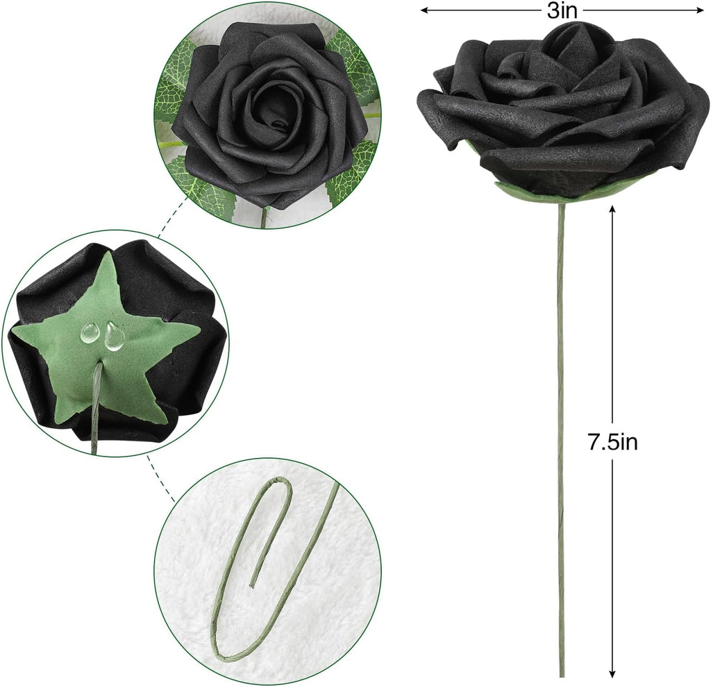 AmyHomie Artificial Flowers Black Rose 25pcs Real Looking Fake Roses w/Stem for DIY Wedding Bouquets Centerpieces Arrangements Party Baby Shower Valentines Day Christmas Tree Decorations