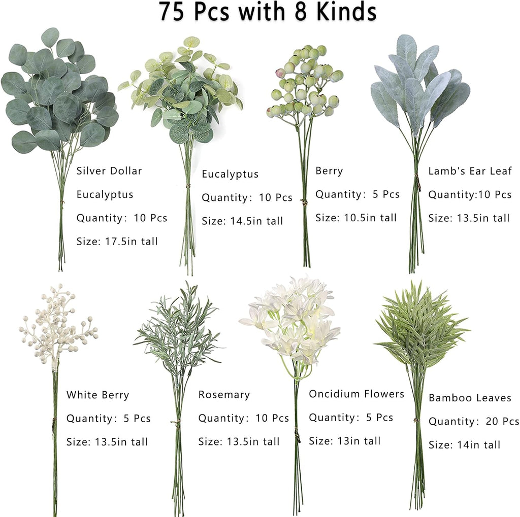 FOTEEWL 75 Pcs Artificial Greenery Stems Box Set,with 8 Kinds of Faux Plants and Fake Flowers for DIY Bridal Bouquets Wedding Floral Arrangement Table Centerpieces Decoration (Sage Green)