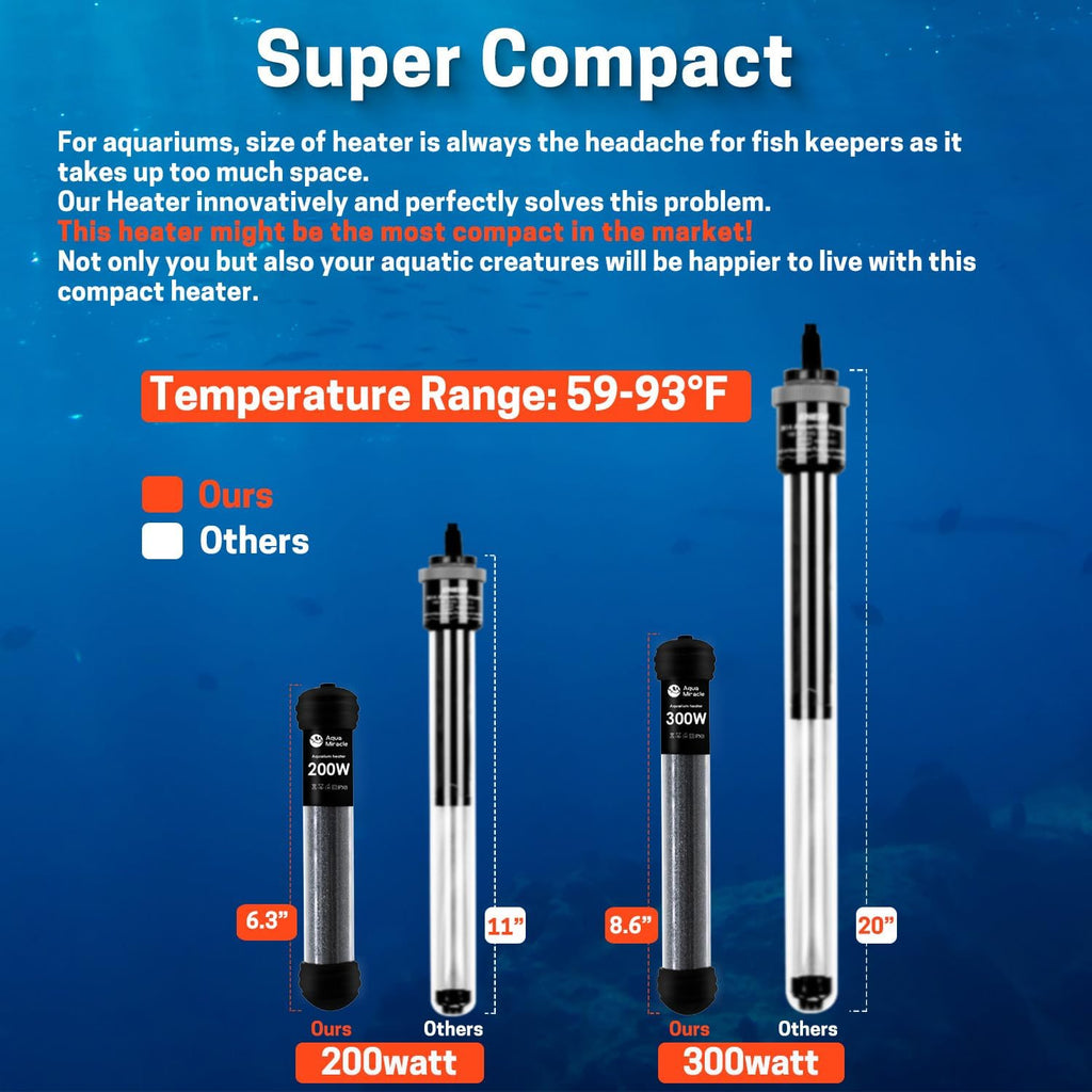 AquaMiracle Upgraded 300W Aquarium Heater Fish Tank Heater Turtle Heater Super Compact Aquarium Heater, Dry-Run/Overheating Protection and Memory Function, Dual LED Display, for 40-60 Gal Tanks