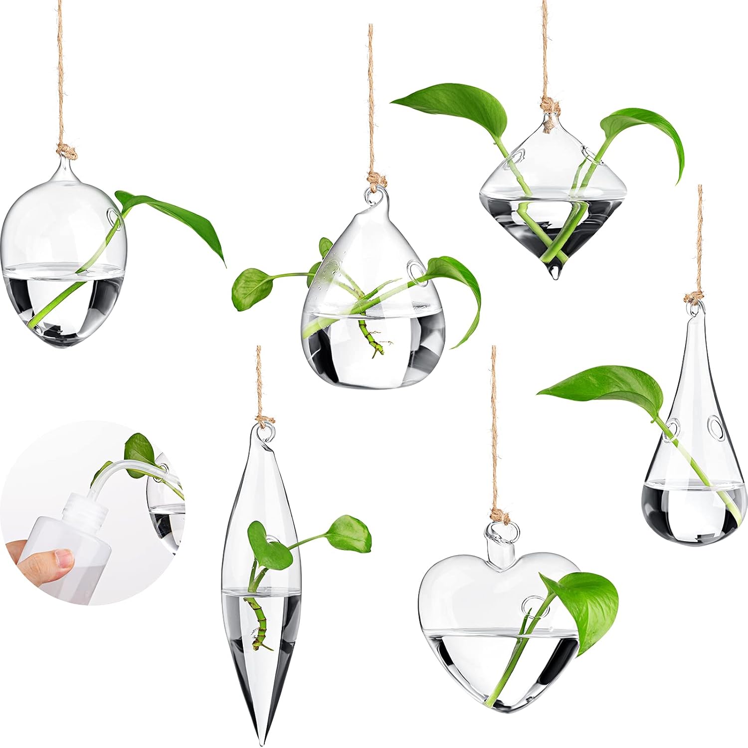 Zopeal Wall Hanging Glass Planter Terrarium Propagation Station Vase Container Watering Squeeze Bottle with Rope and Hook for Hydroponic Plants Flower Home Decor(Classic Style,6 Sets)