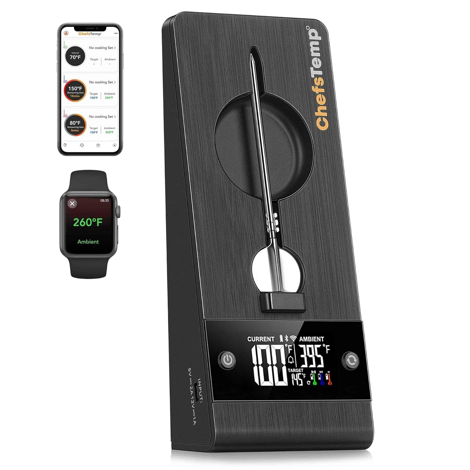 ChefsTemp ProTemp 2 Plus Needle Probe Wireless Meat Thermometer with Temperature Controller Unlimited Range Bluetooth & WiFi Enabled Smart Cooking Grilling Smoker BBQ Oven Kitchen (Stand + 1 Probe)