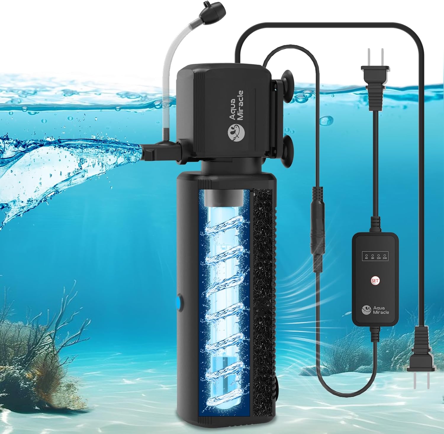 AquaMiracle Aquarium Filter with U - V Light & Filter Sponge, Fish Tank Filter with Timer for Green Water, Turtle Filter with Aeration & Rainfall Mode for Aquarium 60-150 Gallon