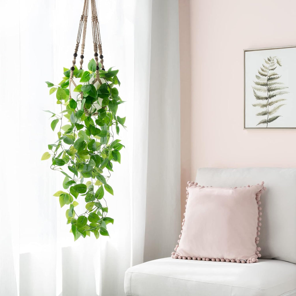 Mkono 2 Packs Fake Hanging Plant with Pot, Artificial Plants for Home Decor Indoor Macrame Plant Hanger with Faux Vine Hanging Planter Greenery for Bedroom Bathroom Office Decor, Brown (Pothos)