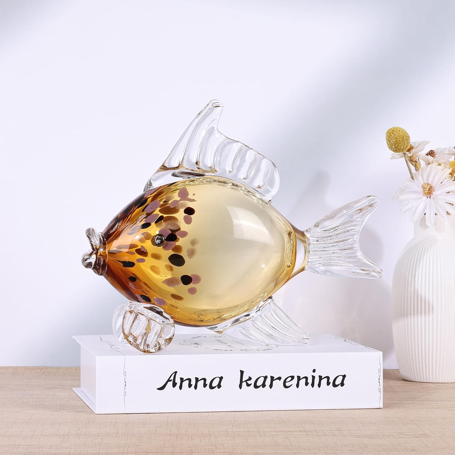 LCCCK Large Hand Blown Glass Fish Figurines, Aquarium Sea Glass Art, Fish Statue Sculpture Modern Coastal Accent - for Beach Knick Knacks, Coffee Tables, Nautical Offices Centerpiece (Gold)