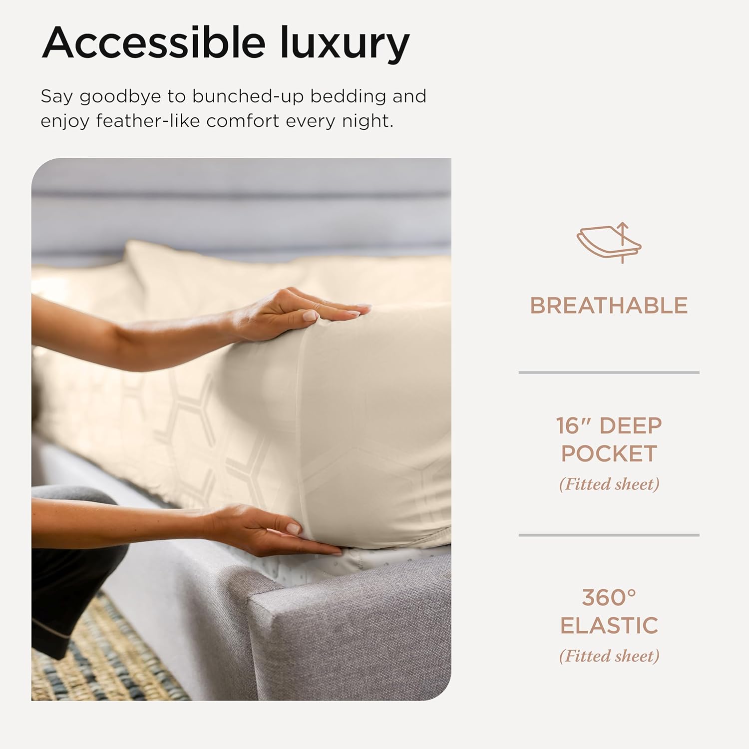 Threadmill 100% Cotton Sheets for Queen Size Bed - 600 Thread Count Queen Bed Sheets Set with 16” Deep Pocket - Jacquard Sateen Weave 4-Piece Bedding Set with Cooling Effect, Beige