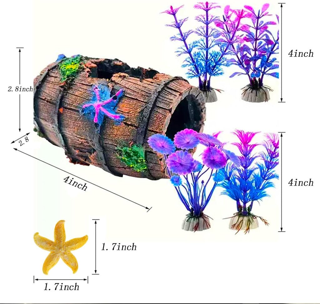 Fish Tank Decoration for Aquarium Tank, Betta Fish Tank Accessories Starfish Barrel x 1pc, Aquarrium Decor Aquatic Plants x 4pcs, Aquarium Decor Starfish x 1pcs.