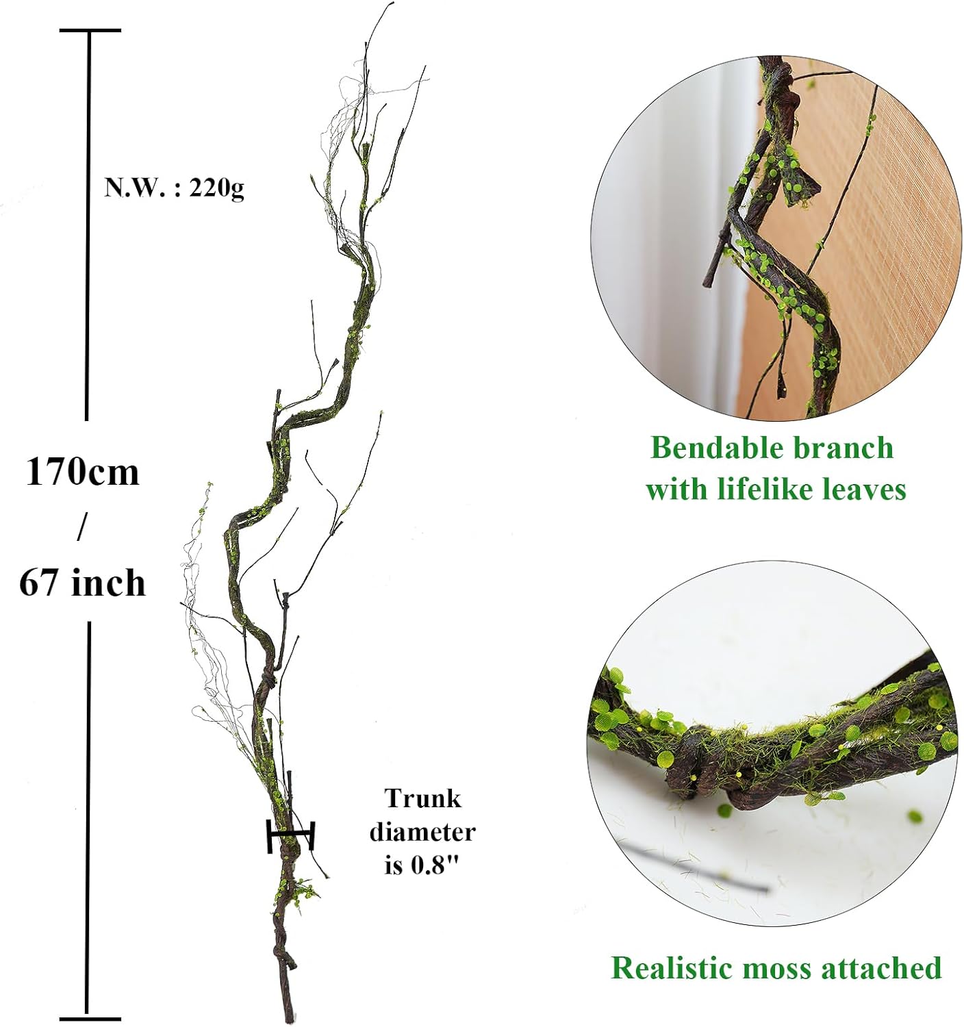 2pcs 67inch Artificial Bendable Twigs Branches Reptile Climbing Vines Trunk Grapevine Garland Moss Creeper Plants Fall Stems for Craft Garden Wall Hanging Jungle Halloween Arch Decoration