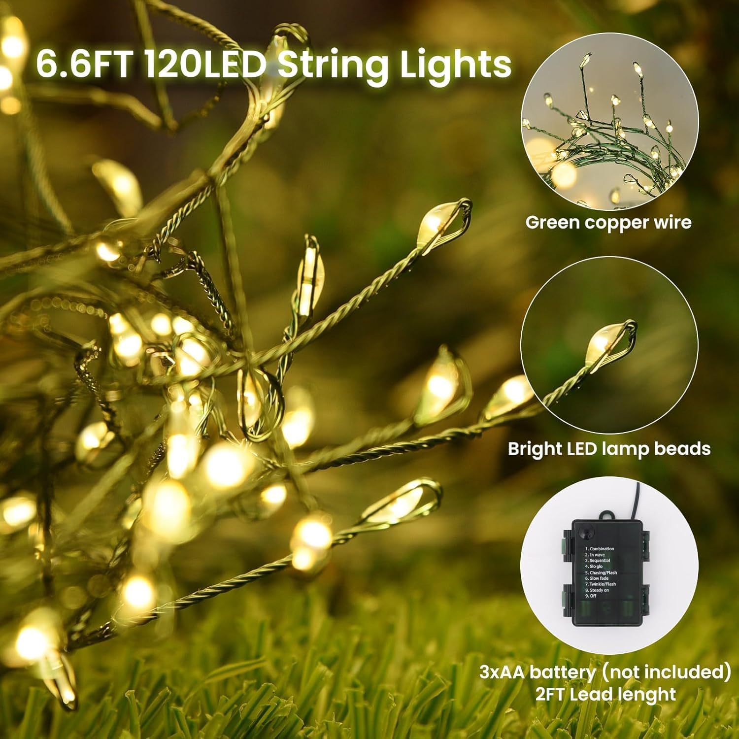 Dailyart 6feet 120 LED Starry Lights, Battery Operated Waterproof Dark Green Copper Wire Fairy Light String Light for Garland, Wreath, Patio, Garden, Wedding, Party, Xmas