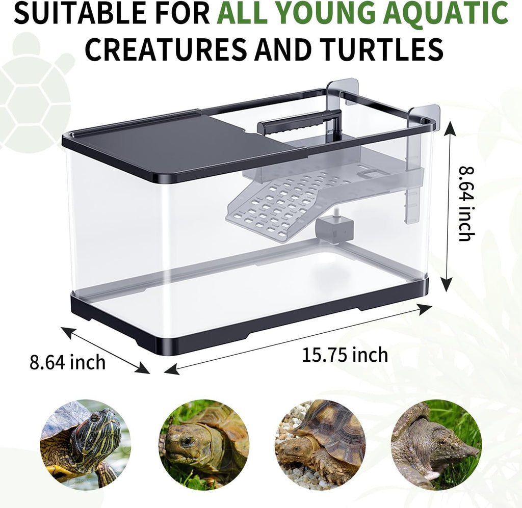 (Tank + Light +Pump + Filter Balls) Turtle Tank Kit, Turtle Tank Starter Kit,Bottom Drainage, Multi-Function Areas for Turtles, Crabs,Fishes, Amphibians,Reptiles. (15.75 x 8.64 x 8.64 Inch)