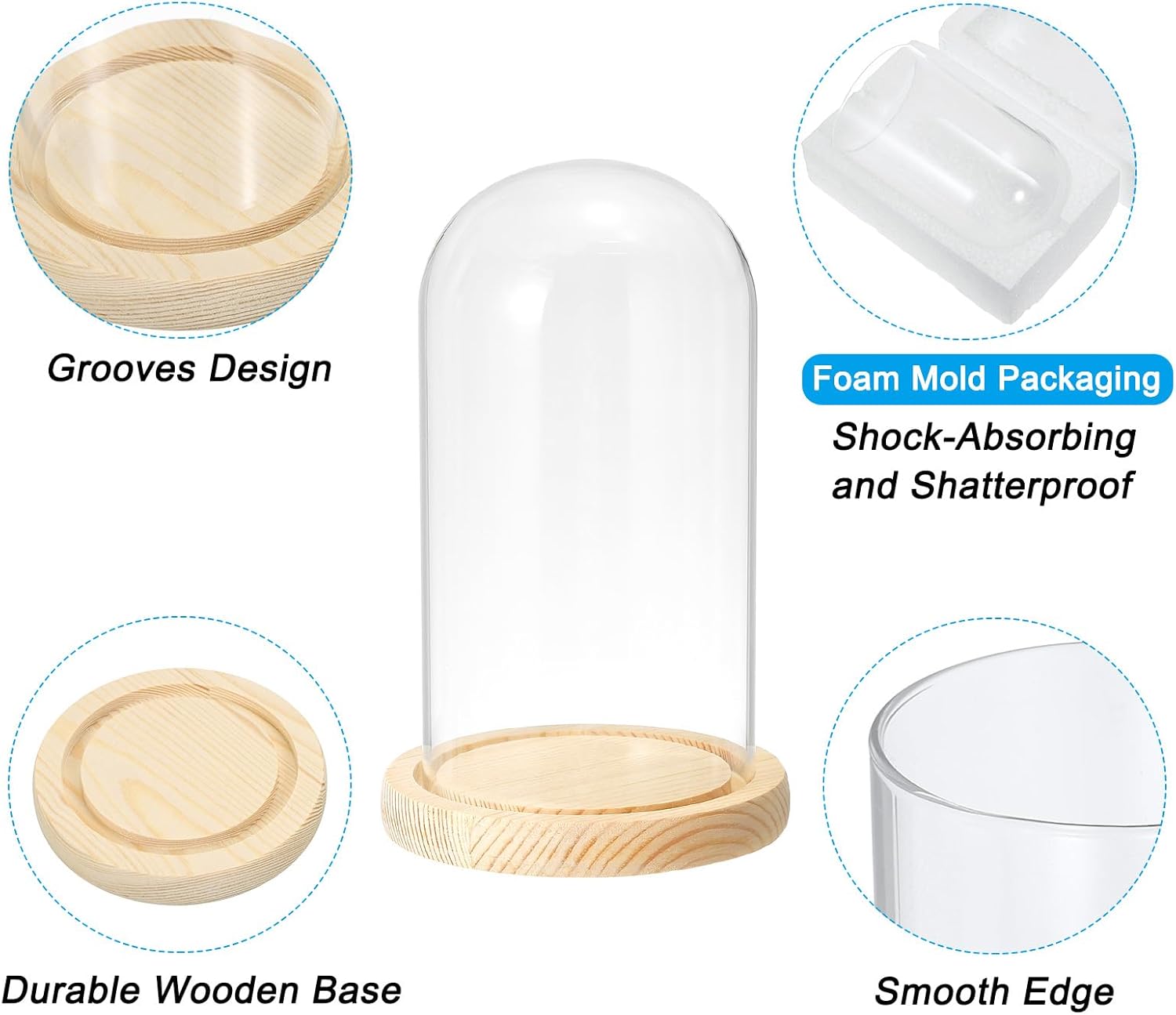 PATIKIL 7.5"x3.9" Clear Cloche Glass Dome, Glass Bell Jar Display Case Tabletop Centerpiece with Wooden Base for Plants Home Decor