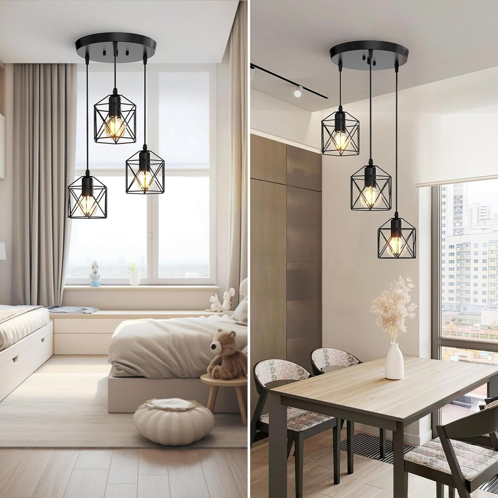 3-Light Pendant Lighting, Farmhouse Hanging Light Fixture for Kitchen Island & Dining Room, Industrial Vintage Ceiling Lamp with E26 Base, Adjustable Height, Matte Black