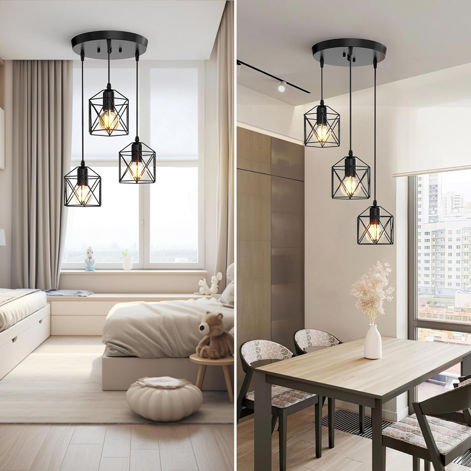 3-Light Pendant Lighting, Farmhouse Hanging Light Fixture for Kitchen Island & Dining Room, Industrial Vintage Ceiling Lamp with E26 Base, Adjustable Height, Matte Black
